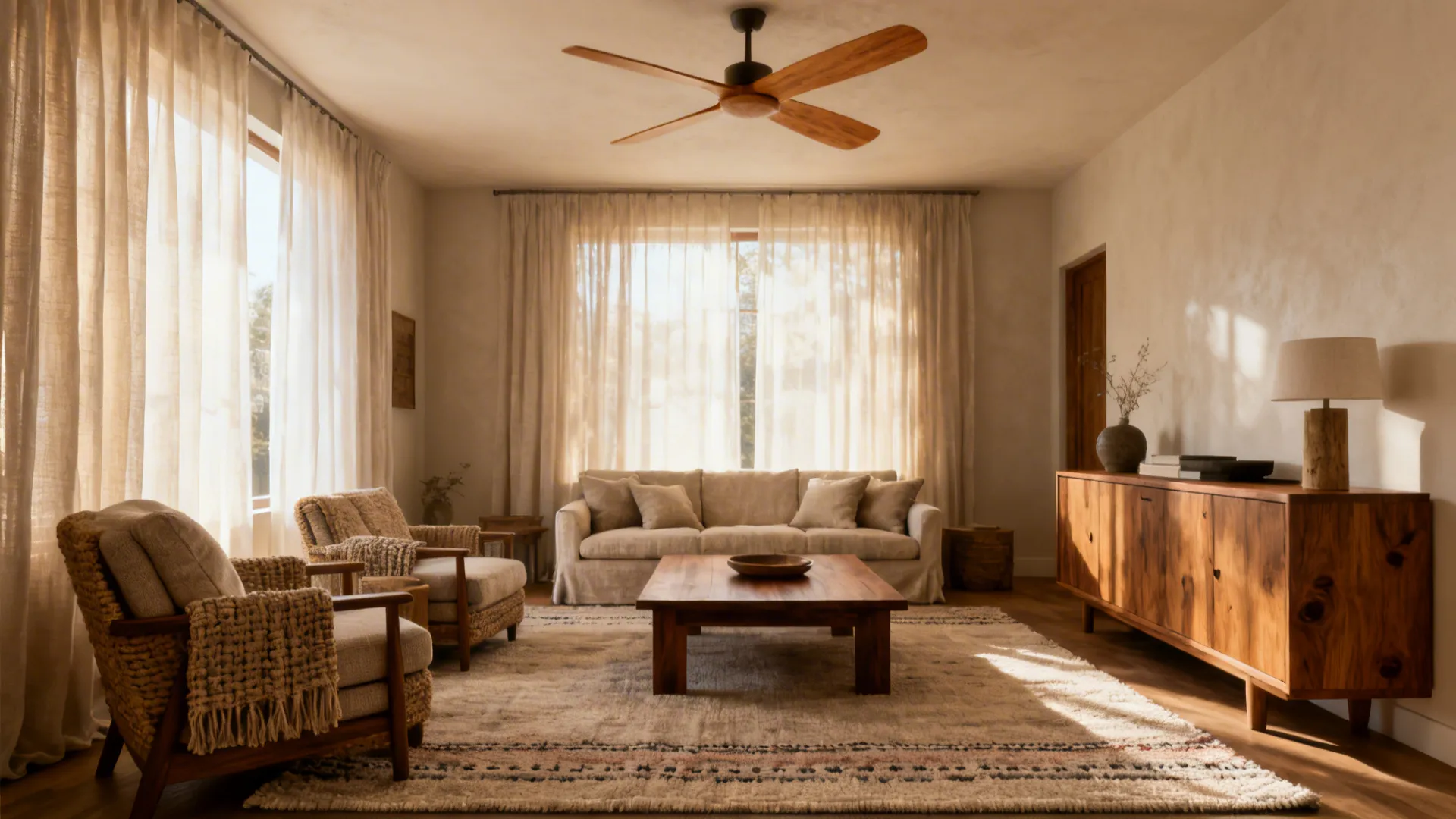 Cozy living room with a large oak-finish wood-blade ceiling fan and warm textured decor.