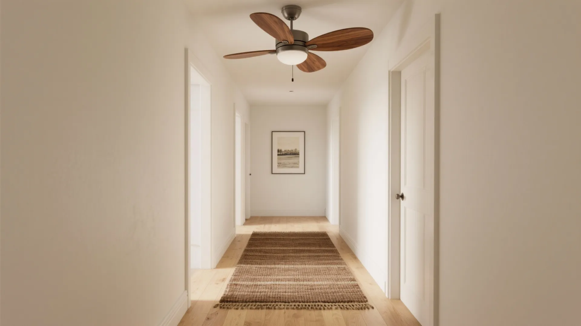 Hallway scene featuring wood-tone fan blades, earth-tone runner rug, and soft warm light for an inviting mood.