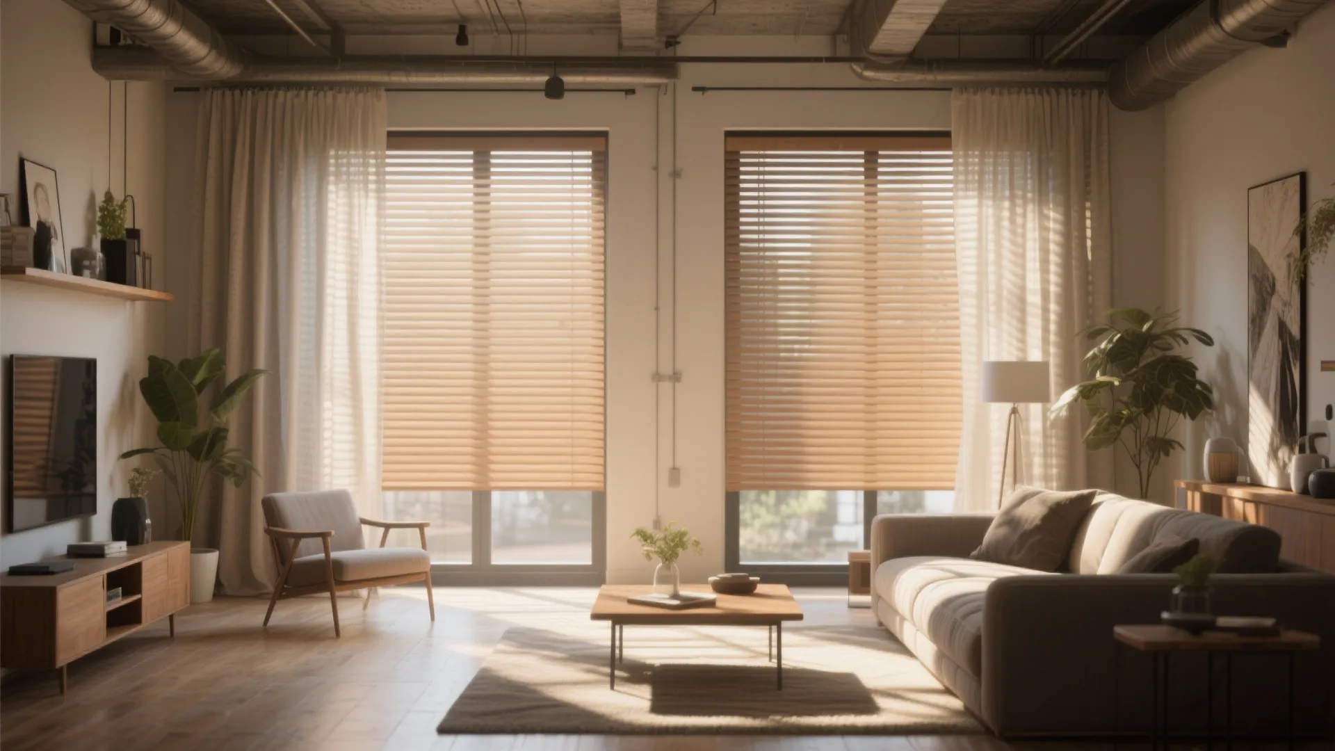 8. Wood Blinds with Curtain Overlays