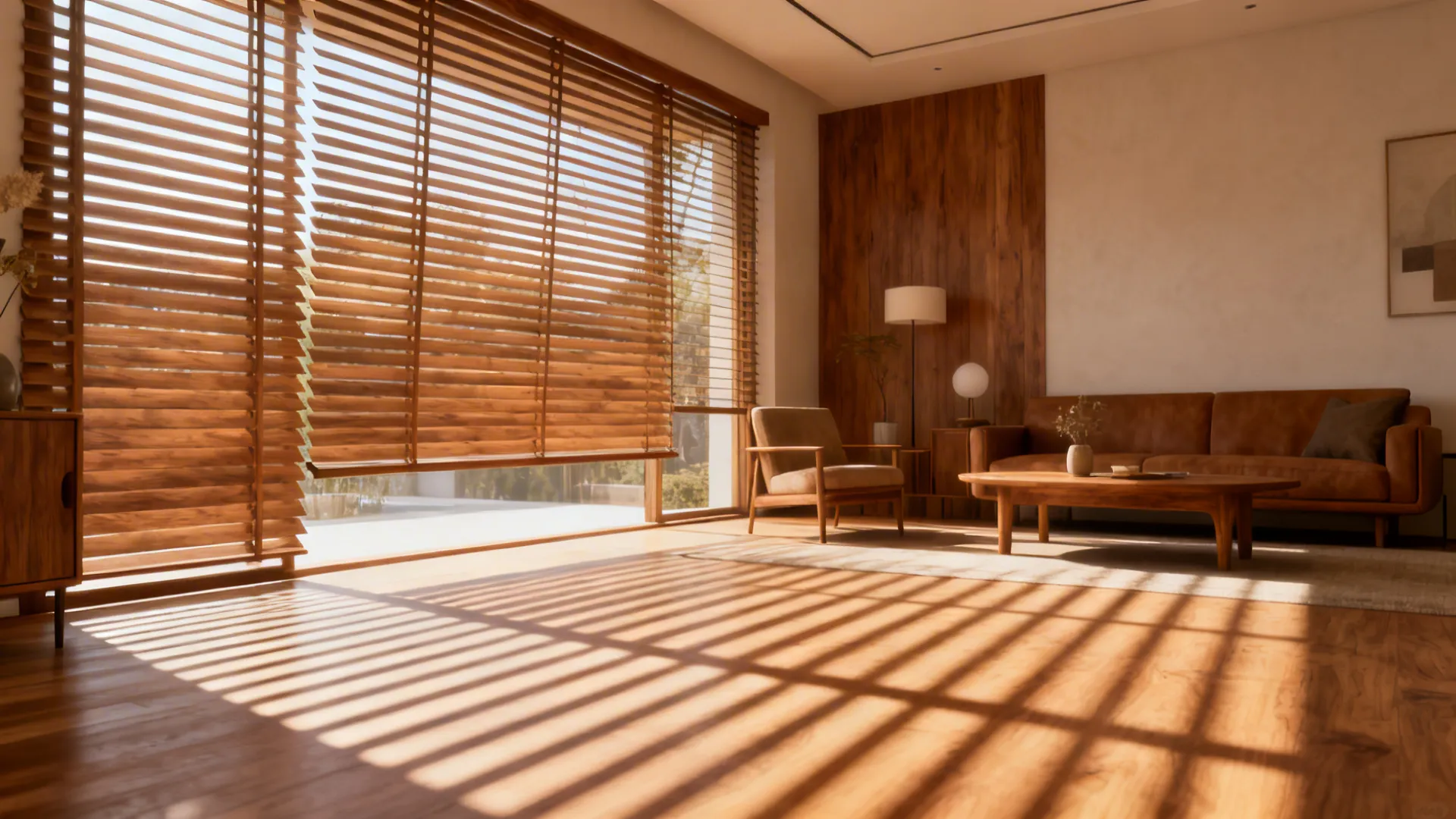 Modern living room with wooden slat blinds tilted to let in controlled beams of daylight and warm shadows.