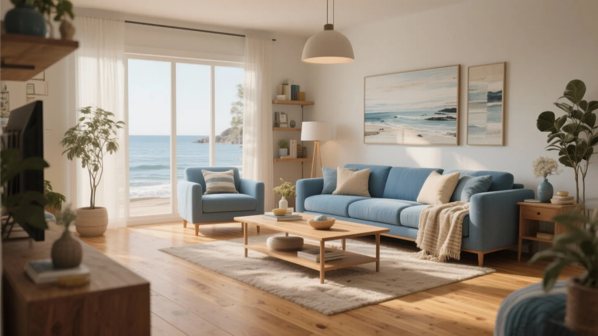 Beach house living room with blue sofa wooden coffee table ocean view and natural light