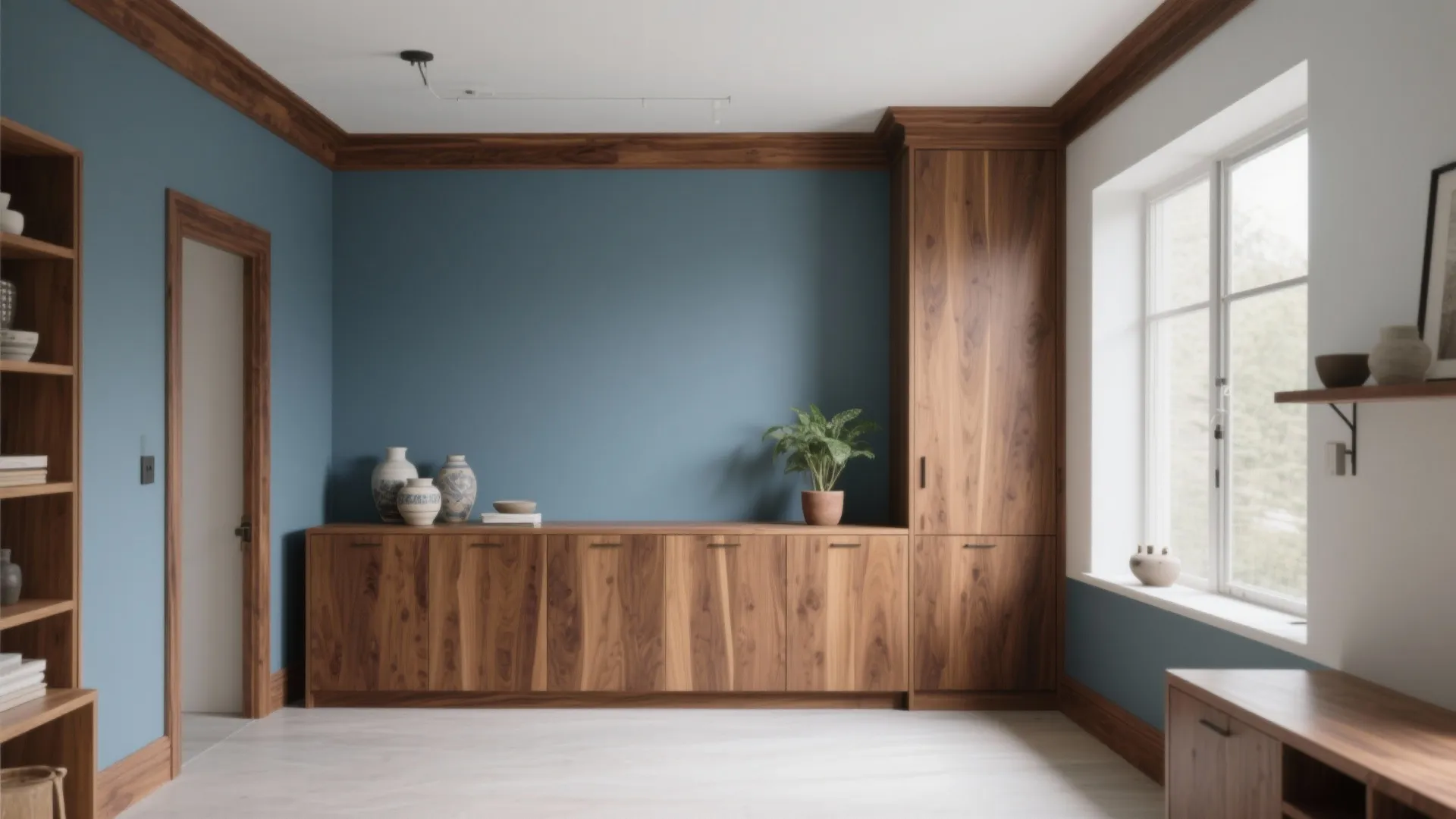 Open-plan studio with blue-grey walls and warm oak trim showcasing wood and paint contrast.