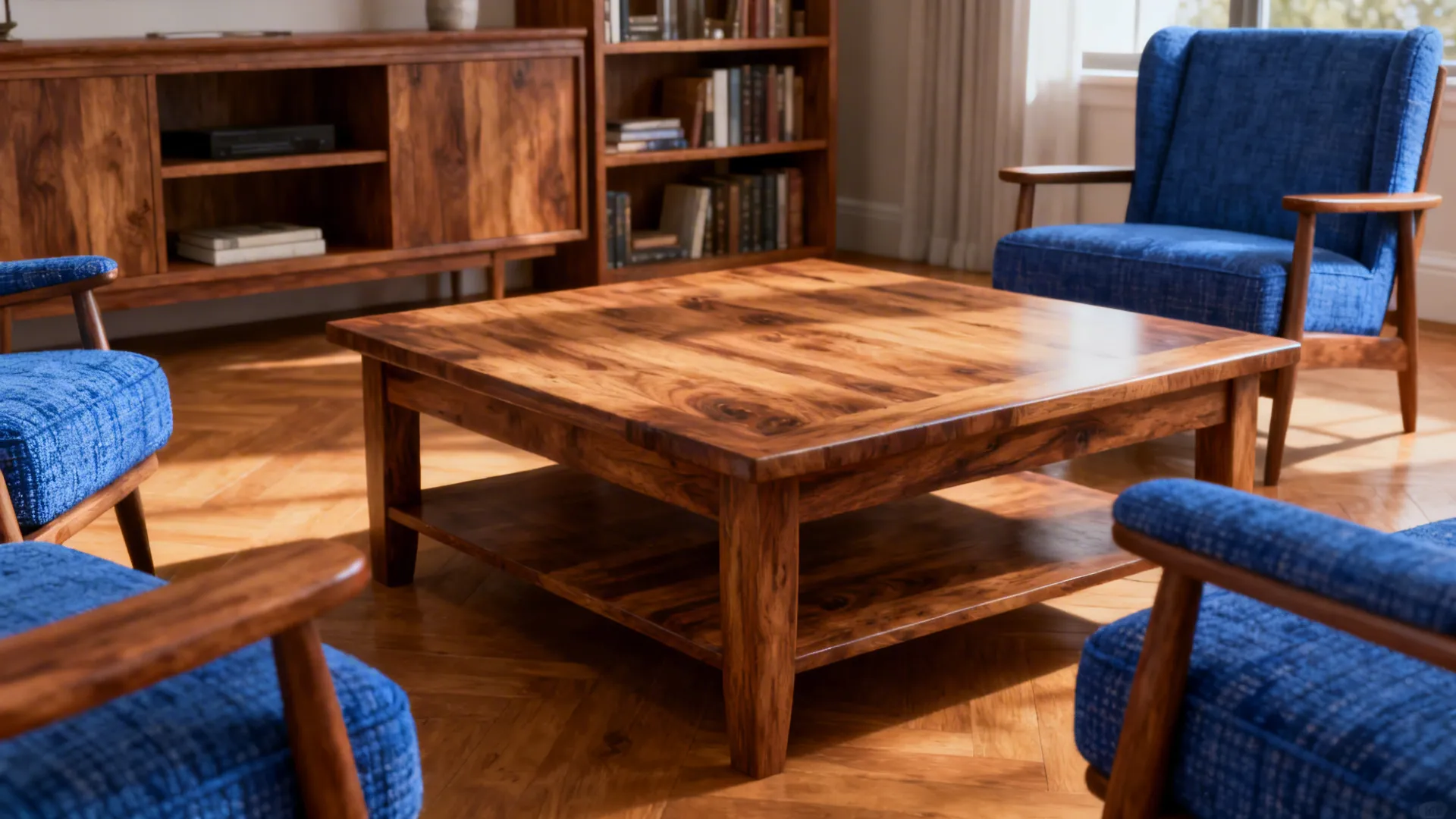 3. Wood Finishes + Blue Upholstery