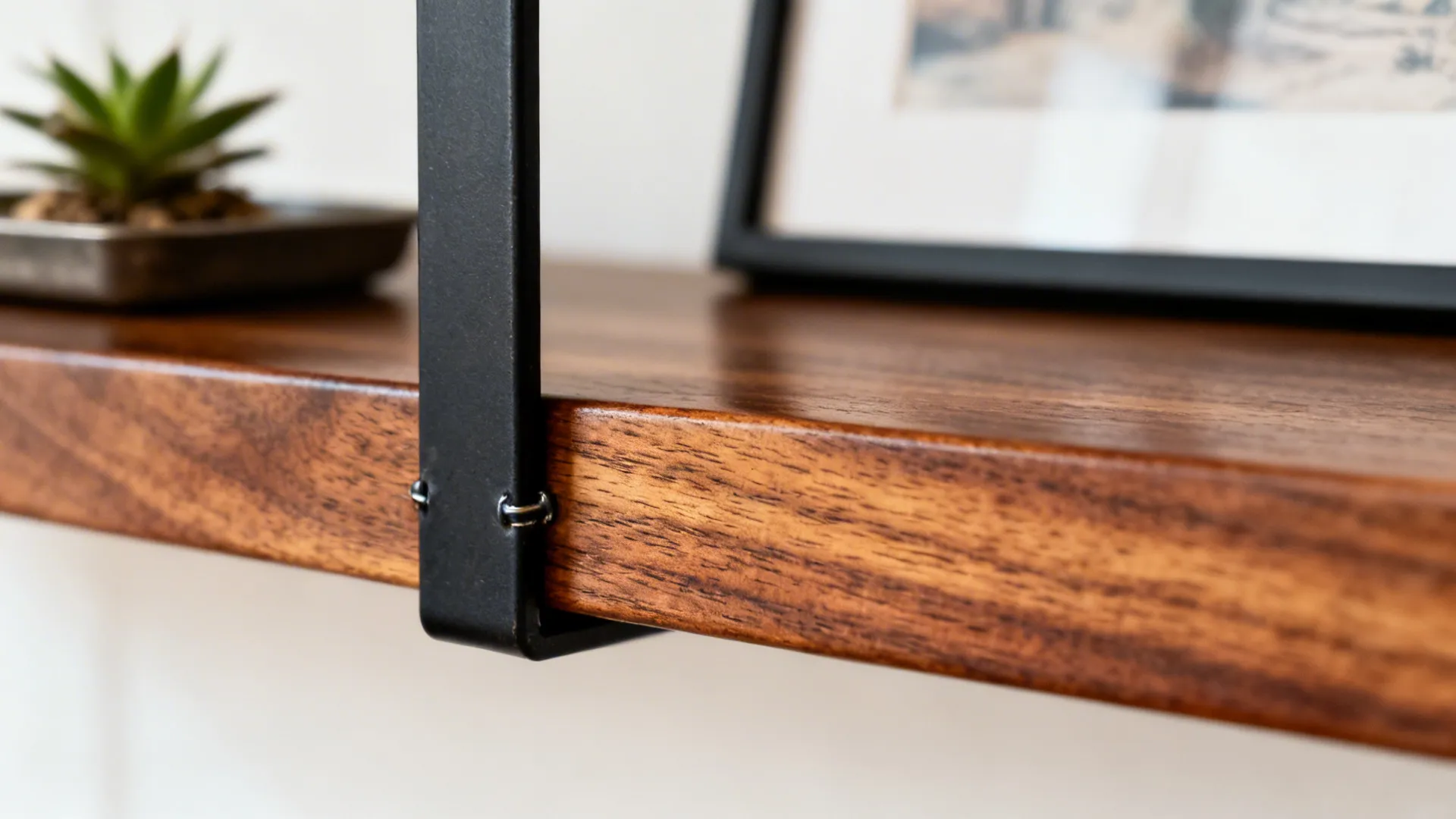 Close-up of walnut shelf with hardwax oil finish and slim black steel bracket.