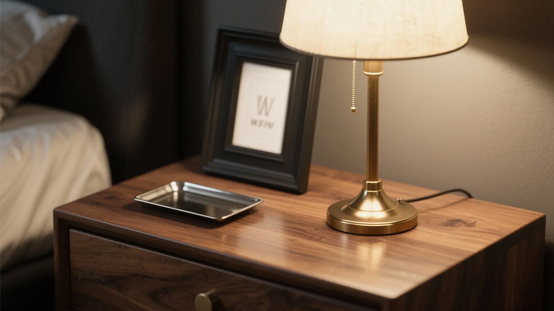 Wooden bedside cabinet with gold desk lamp black picture frame and metal tray in bedroom