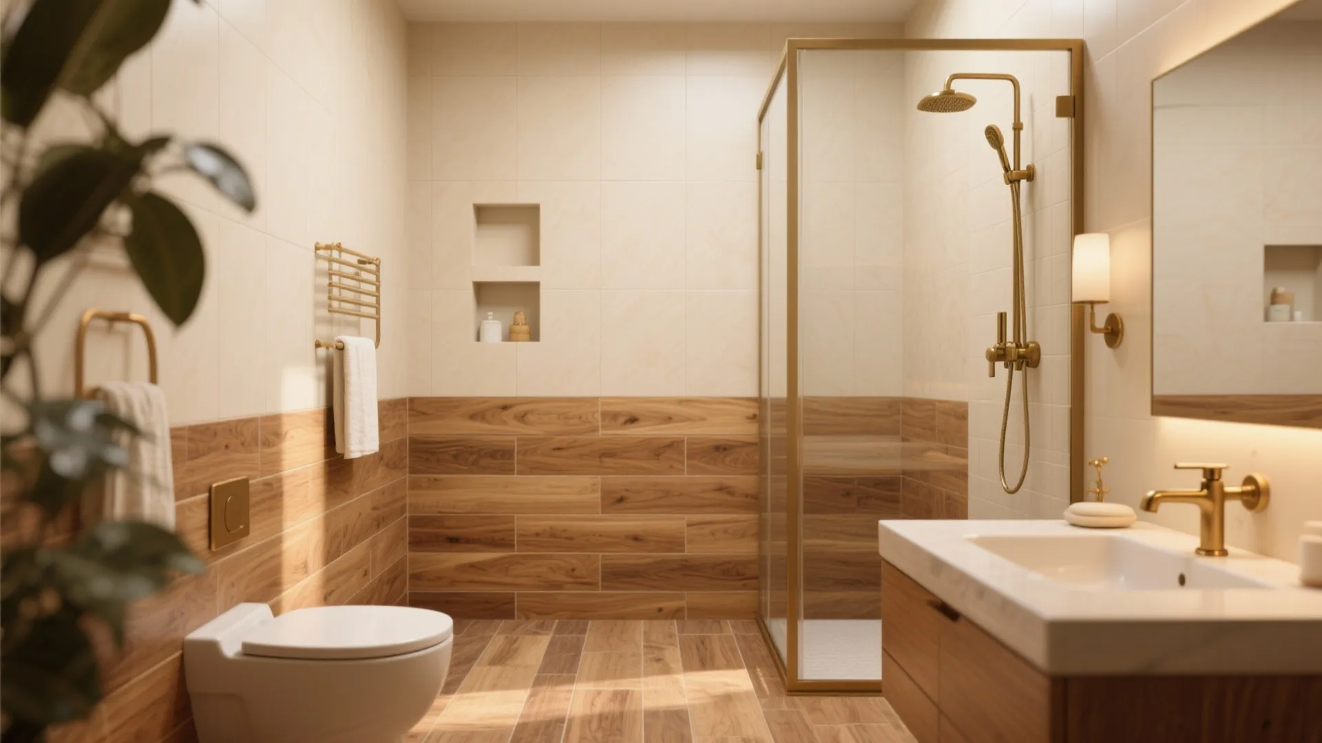Warm Wood-Look Porcelain With Brushed Brass Accents