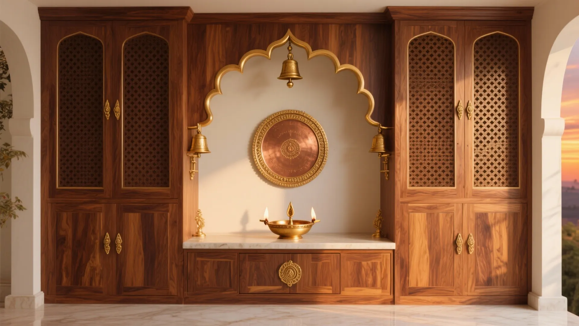 Warm Wooden Mandir with Brass Accents
