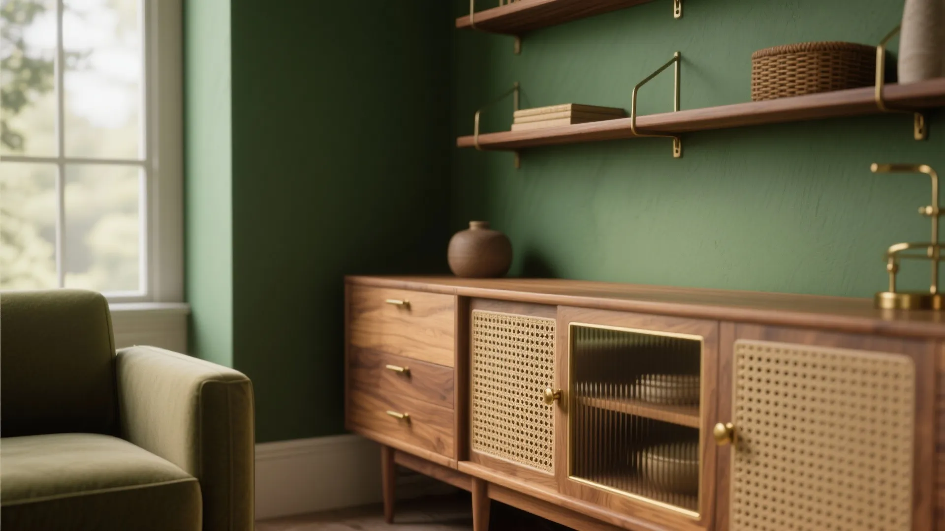 2. Pair Forest Green with Warm Wood and Brass