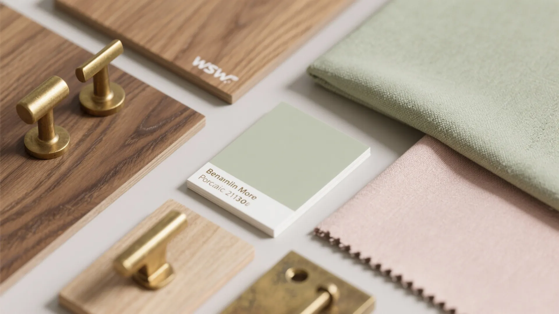Interior design mood board with wood samples brass handles green fabric and pink textile swatches