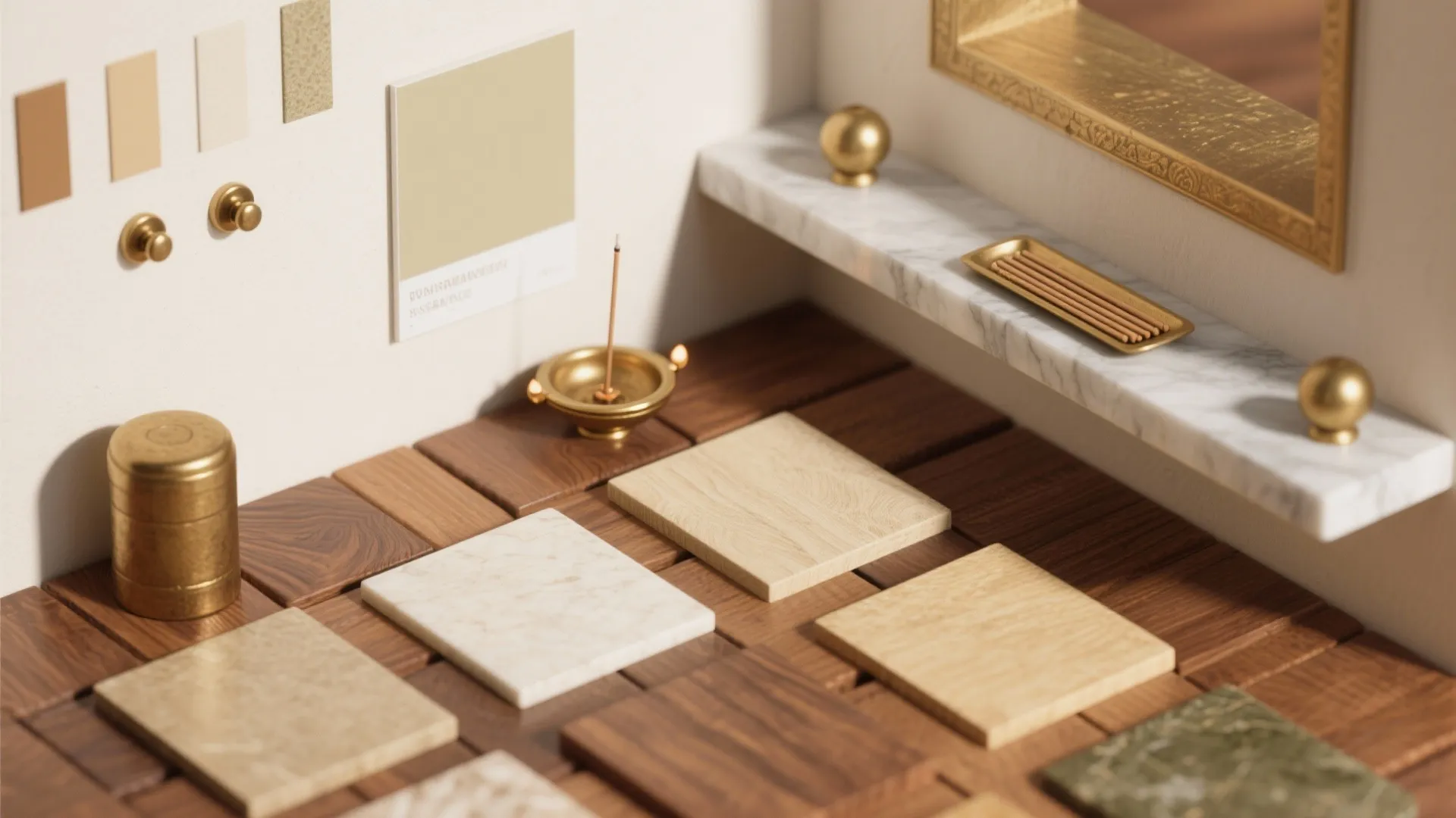 Selection of wood and marble floor tiles with brass hardware accents and neutral wall paint