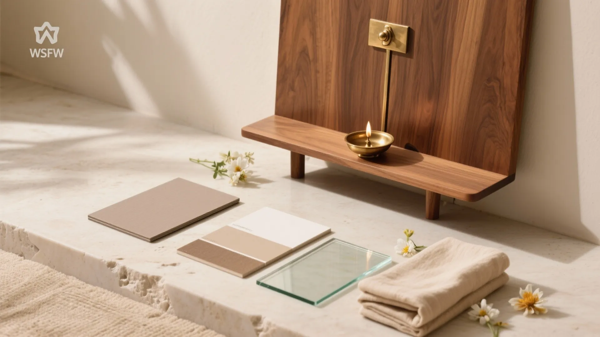 Material mood board with wood panel brass light fixture color samples glass and folded towels