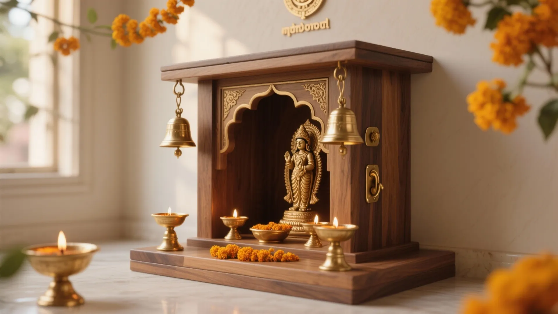 Traditional wooden home altar featuring a gold statue small brass bells and warm candle lights
