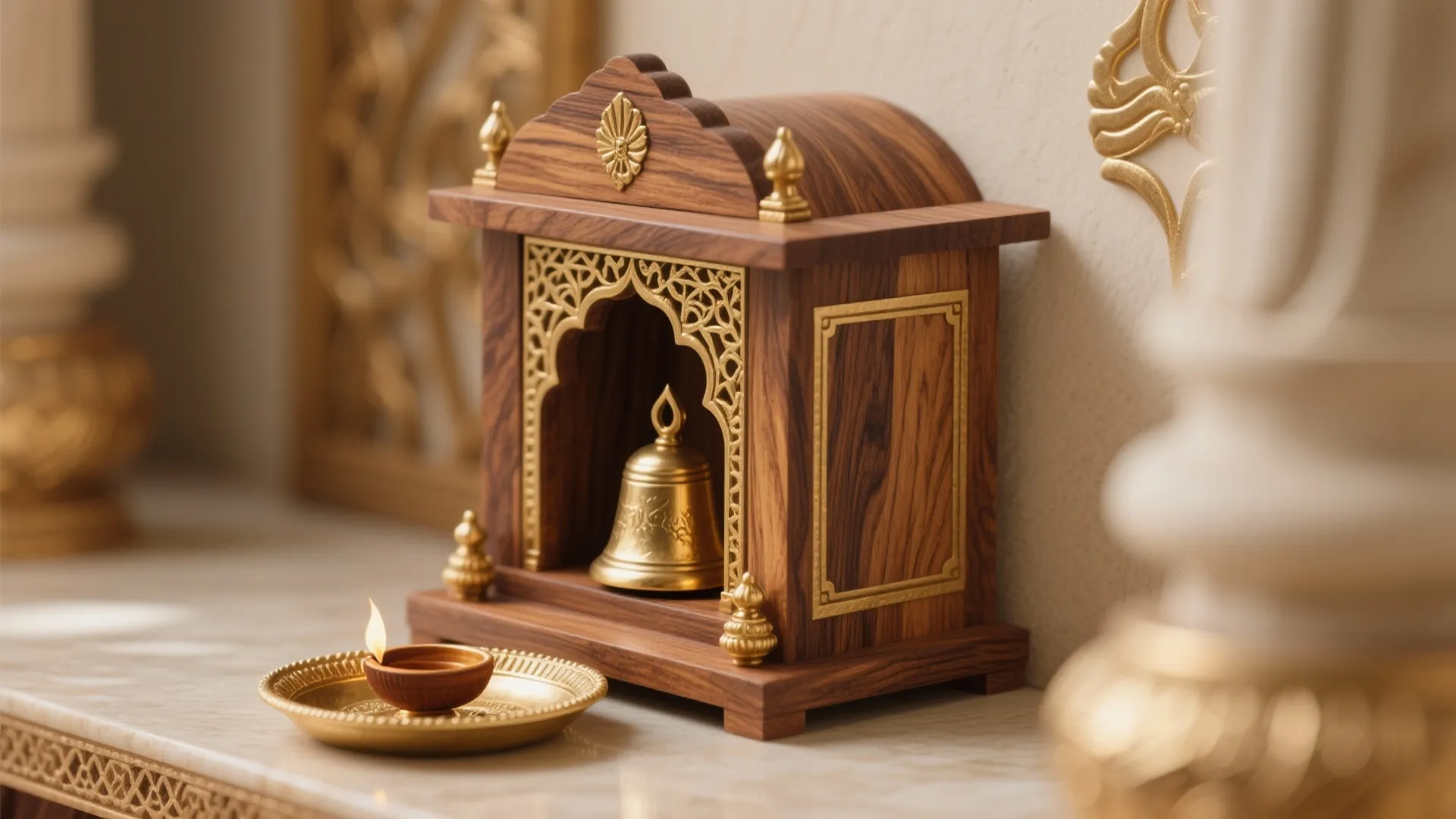 Small wooden temple with gold bell and oil light on a white marble shelf surface