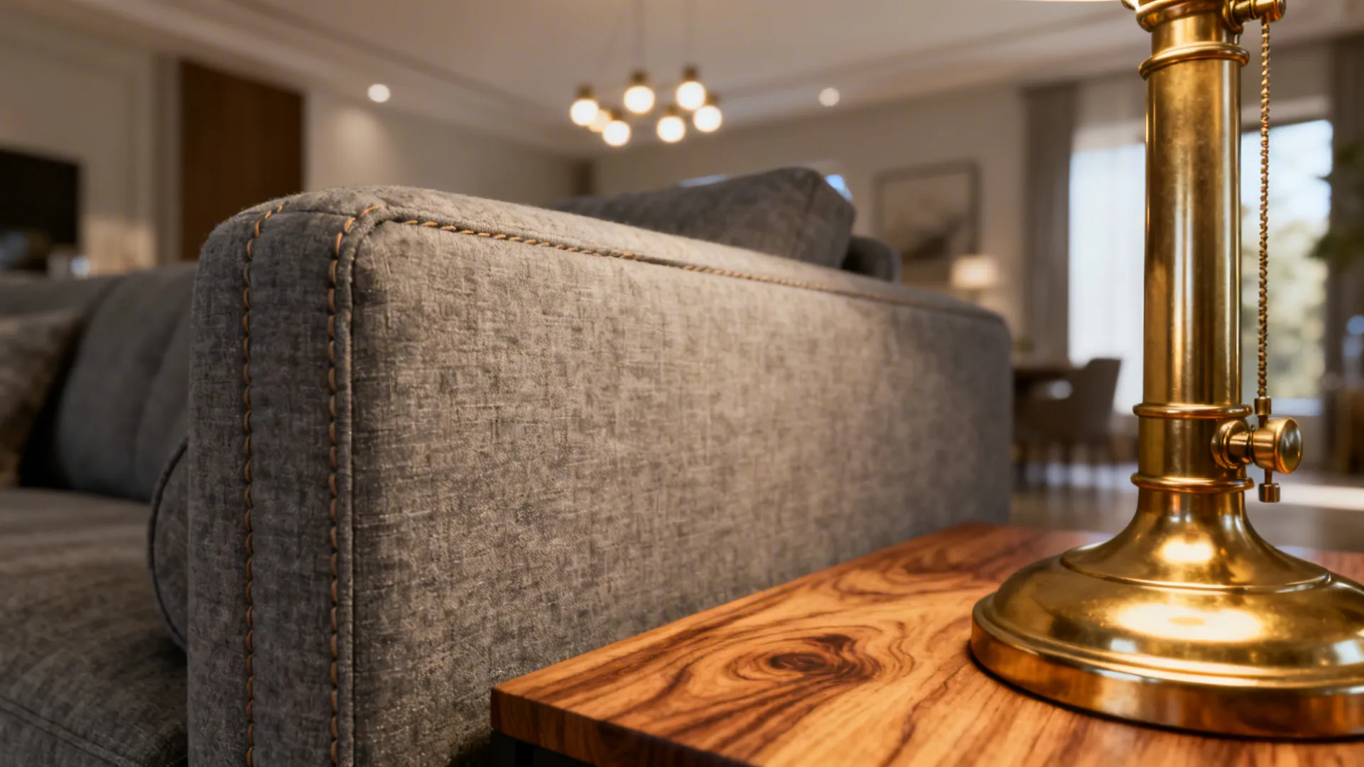 Grey sofa beside warm oak table with a brass lamp and brass details