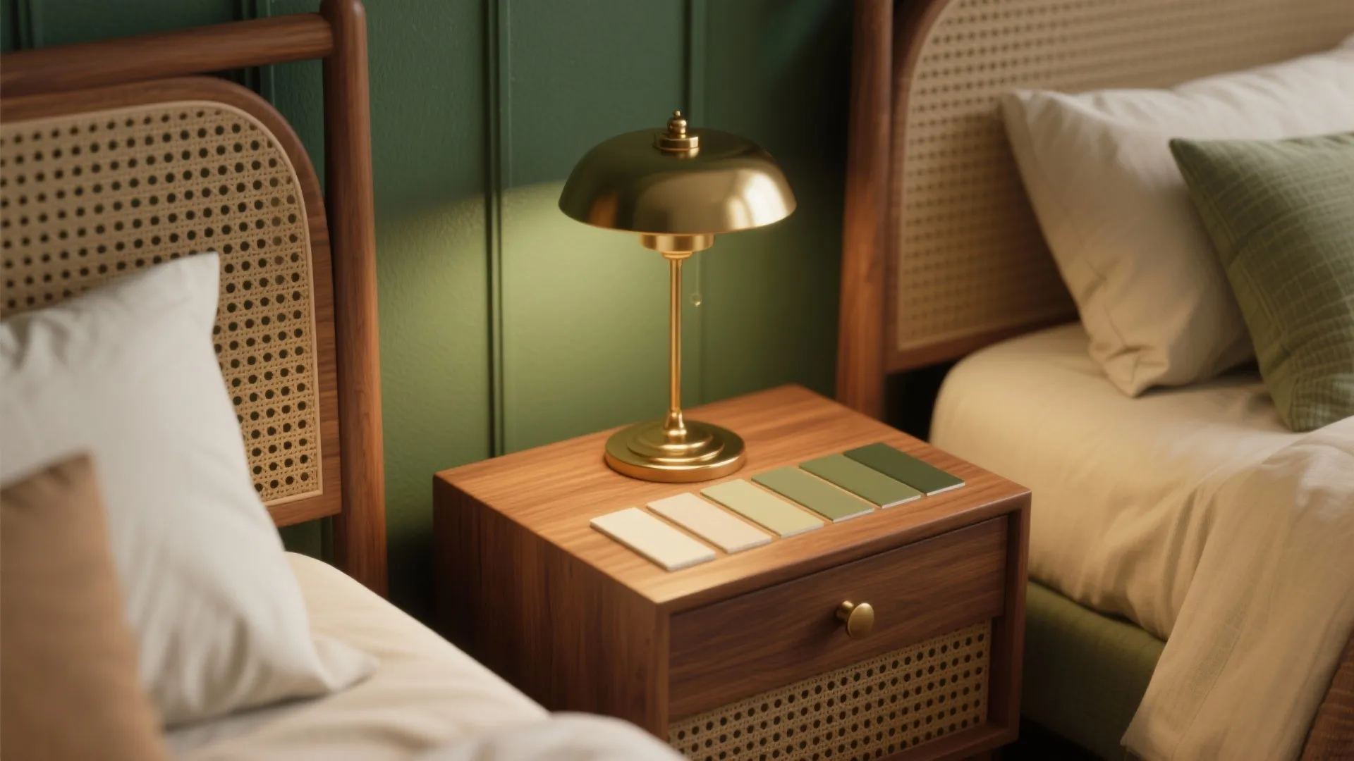 4. Pair greens with warm wood and brass