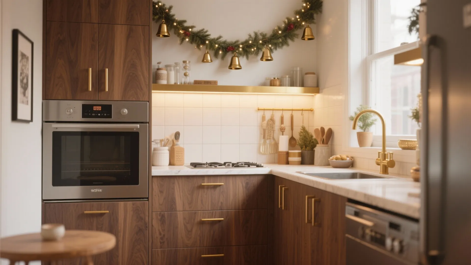 Warm wood accents with brass highlights