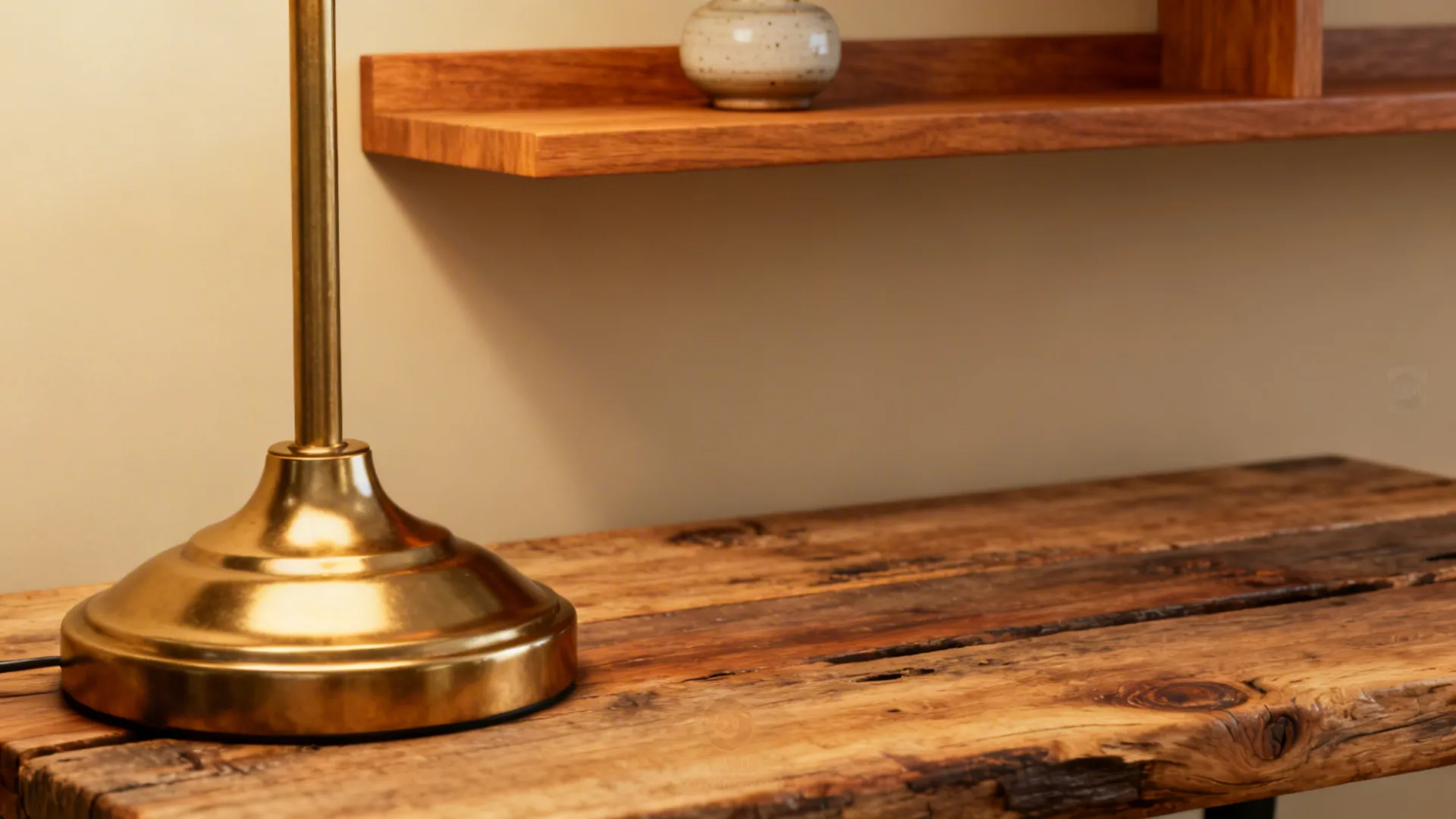 Brass lamp base and warm oak shelf with reclaimed wood table in beige interior