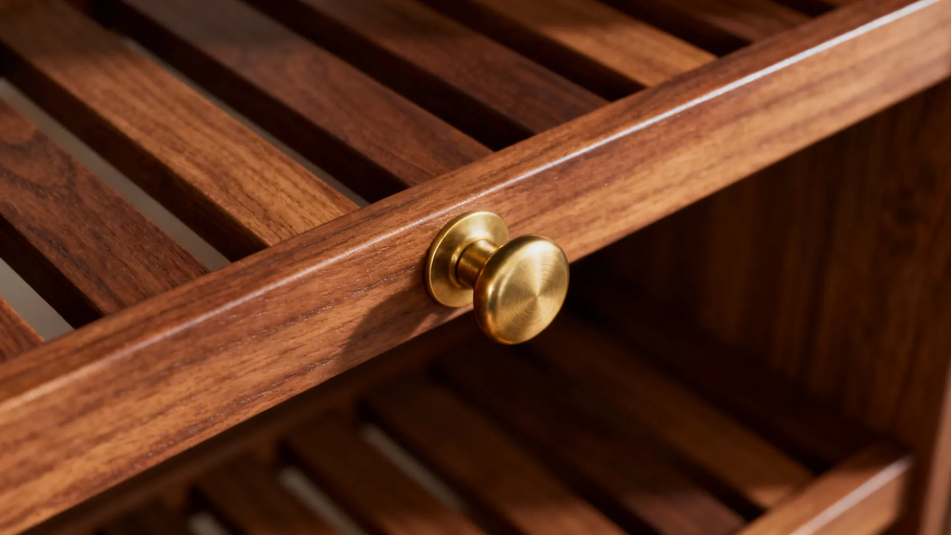 Detail of teak slatted shelf and brushed brass hardware in a mid-century bathroom.