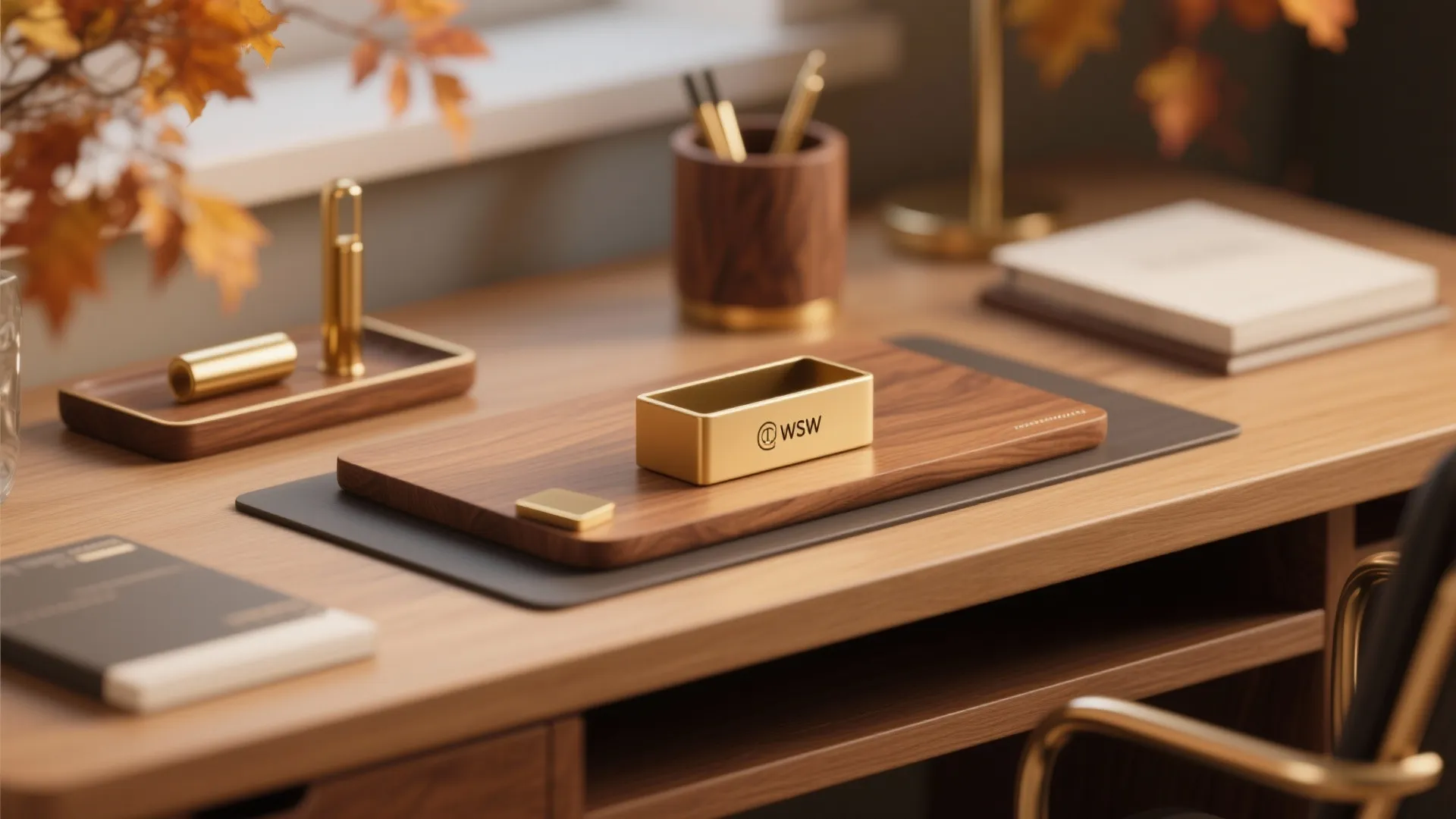 Wooden desk organized with brass office accessories including a pen holder and decorative tray items