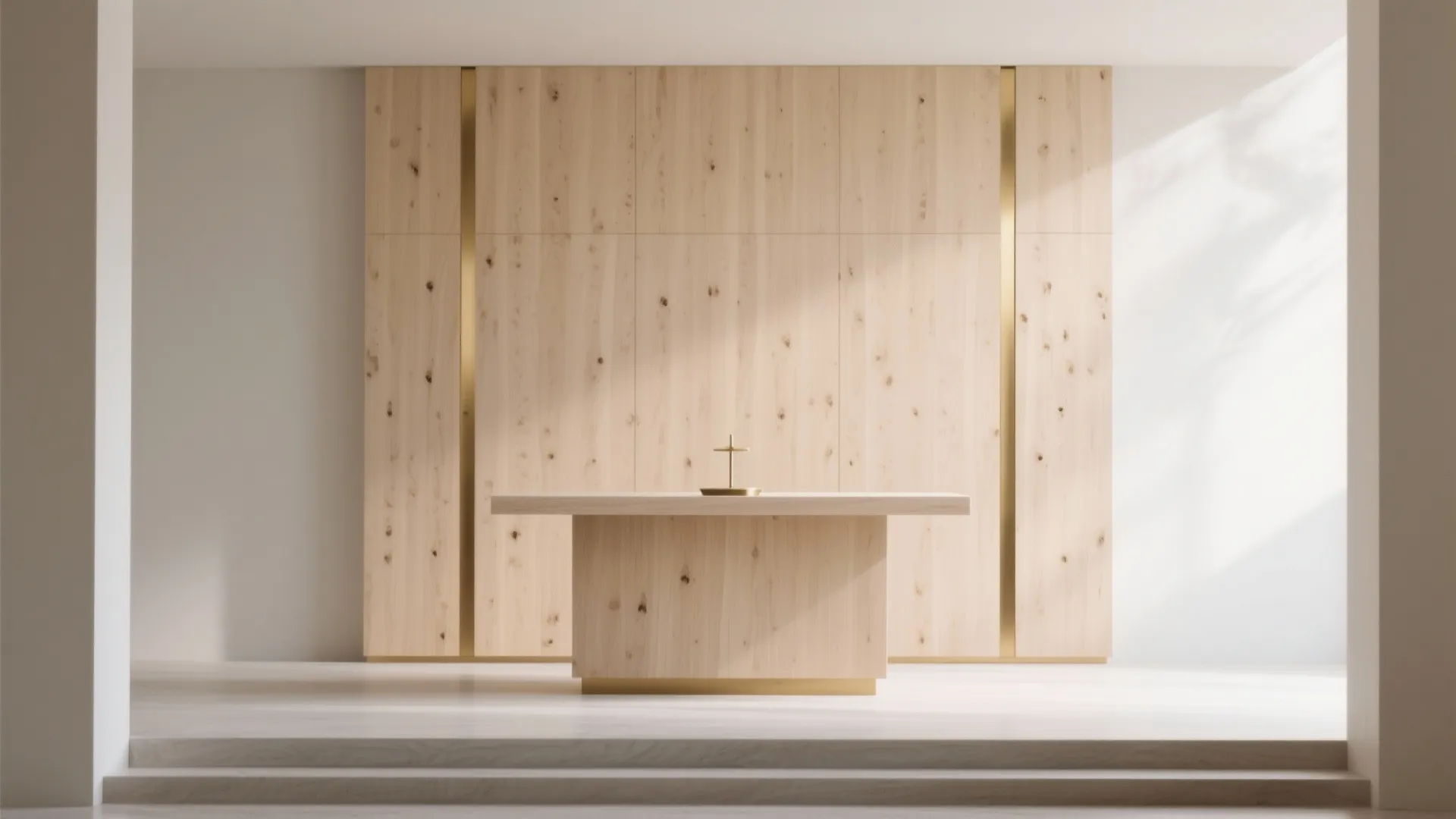 Minimalist wooden altar table with gold details in a bright room with light wood paneling