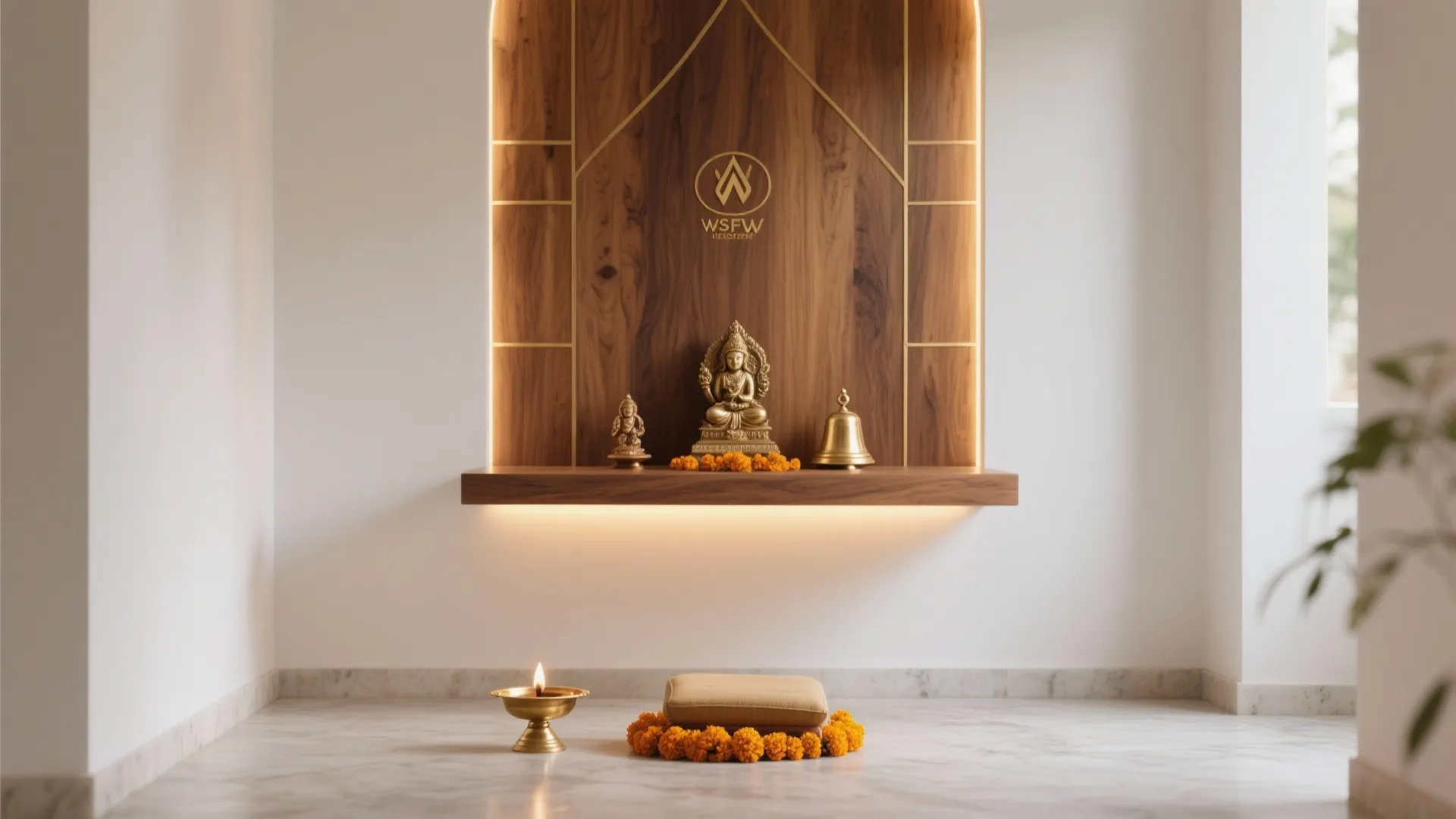 Minimal wood-and-brass altar for calm focus