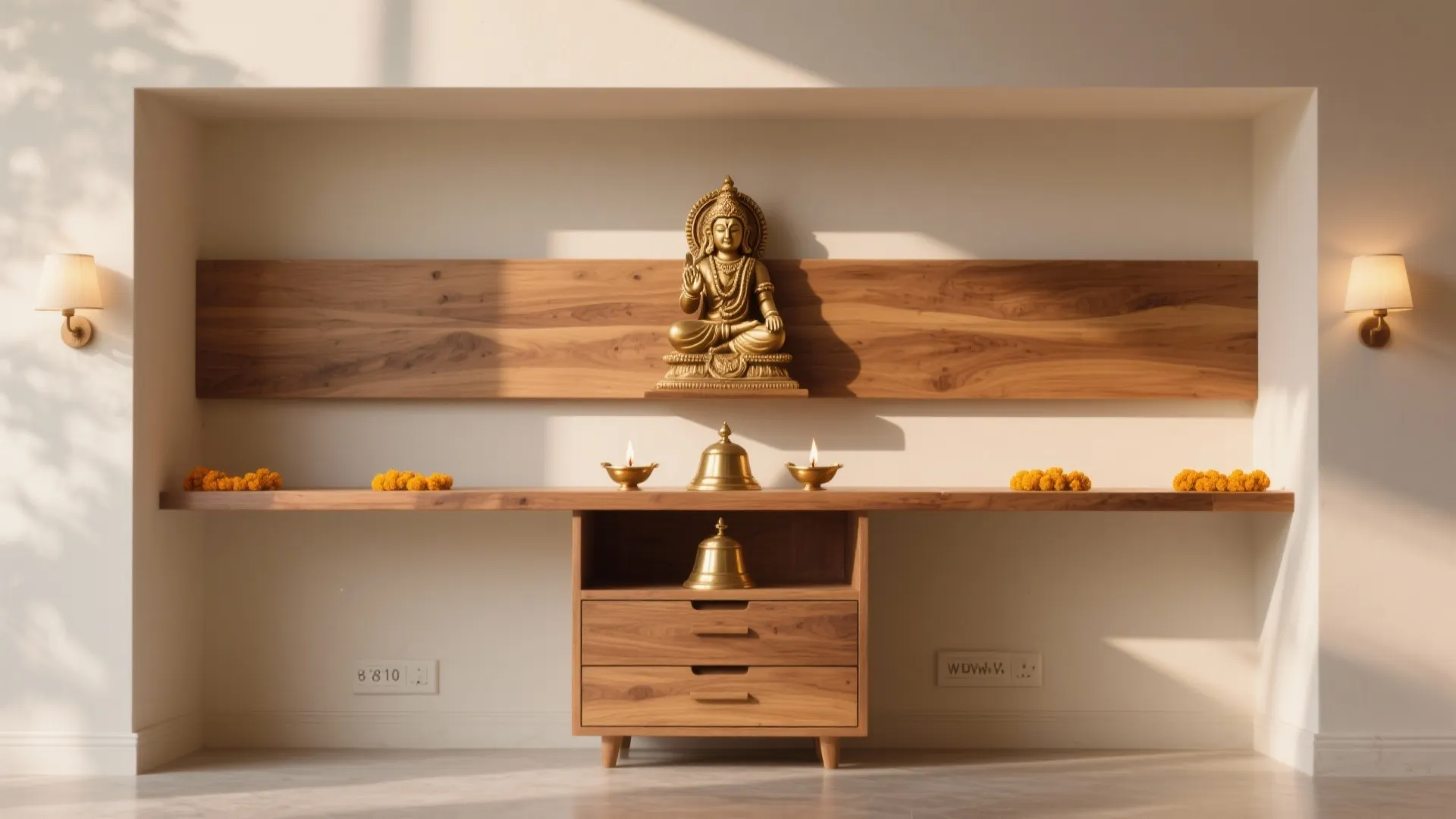 Minimal wood-and-brass altar with concealed storage