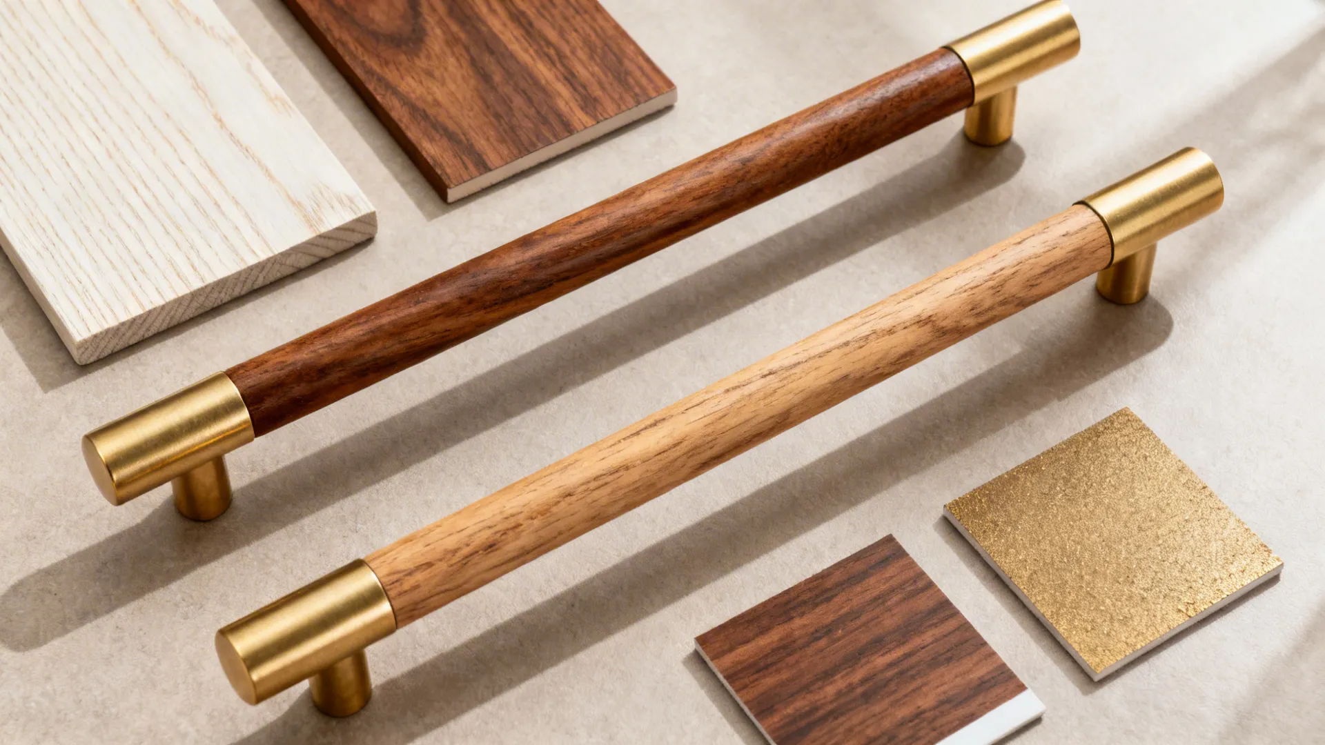 Flat lay of wood-and-brushed-brass bar pulls with oak and walnut finish samples.