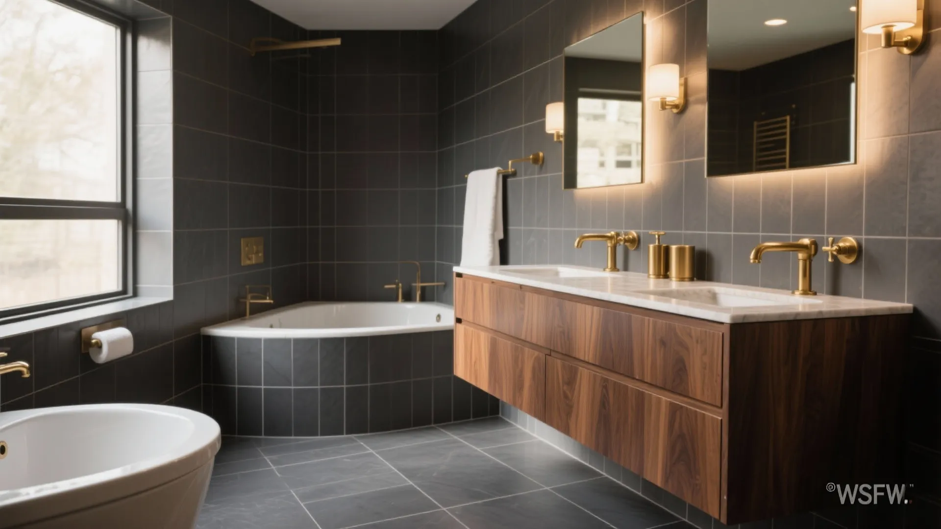 Warm Contrast: Pair Dark Gray Tile with Wood and Brass