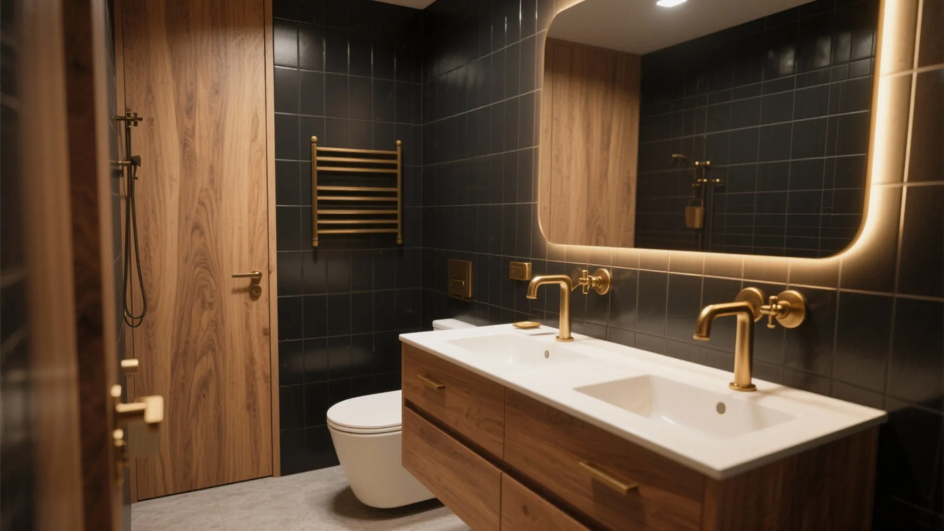 Modern bathroom with black wall tiles wooden cabinet gold water taps white toilet and large mirror