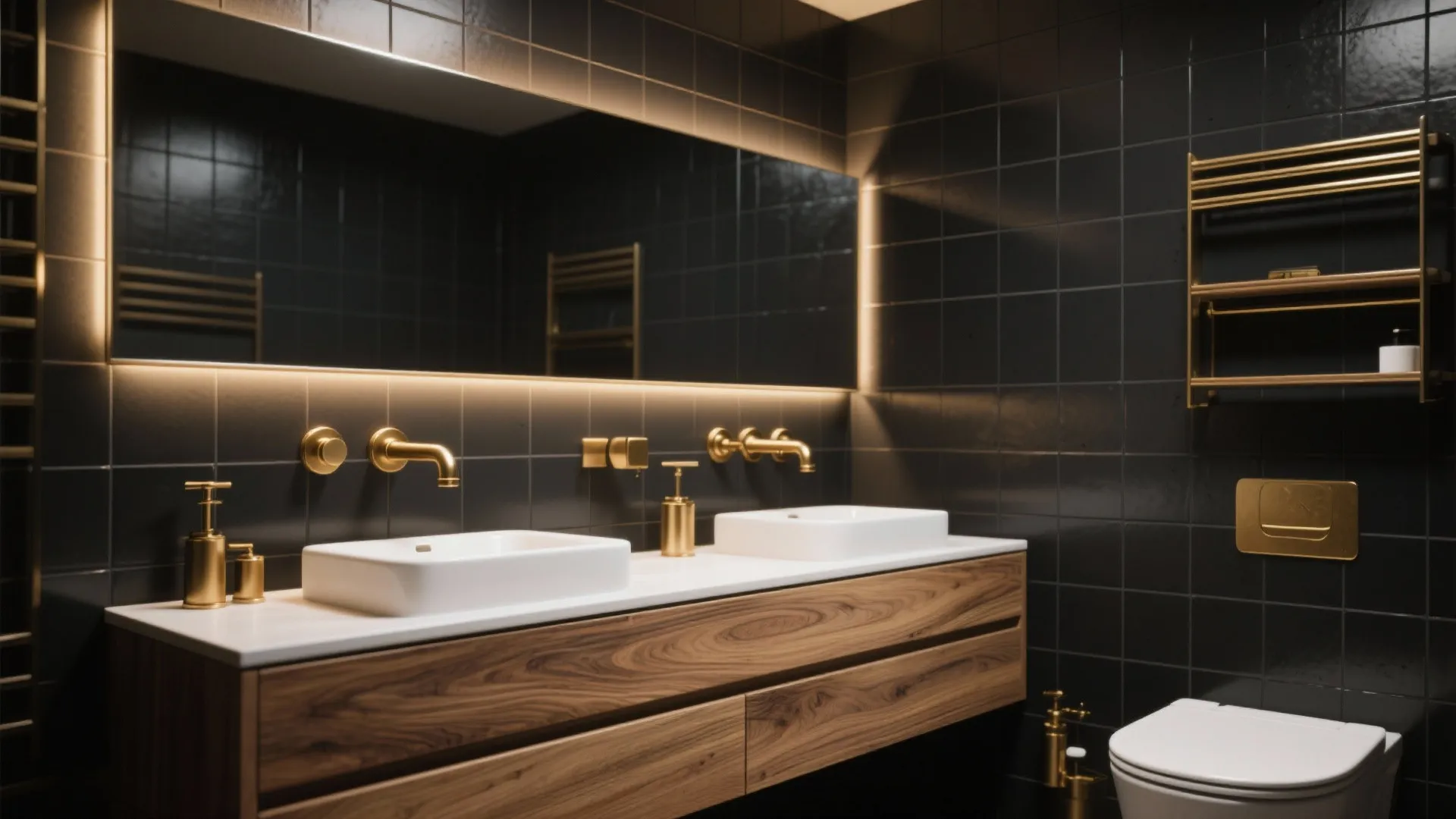 4. Combine black tiles with warm wood and brass