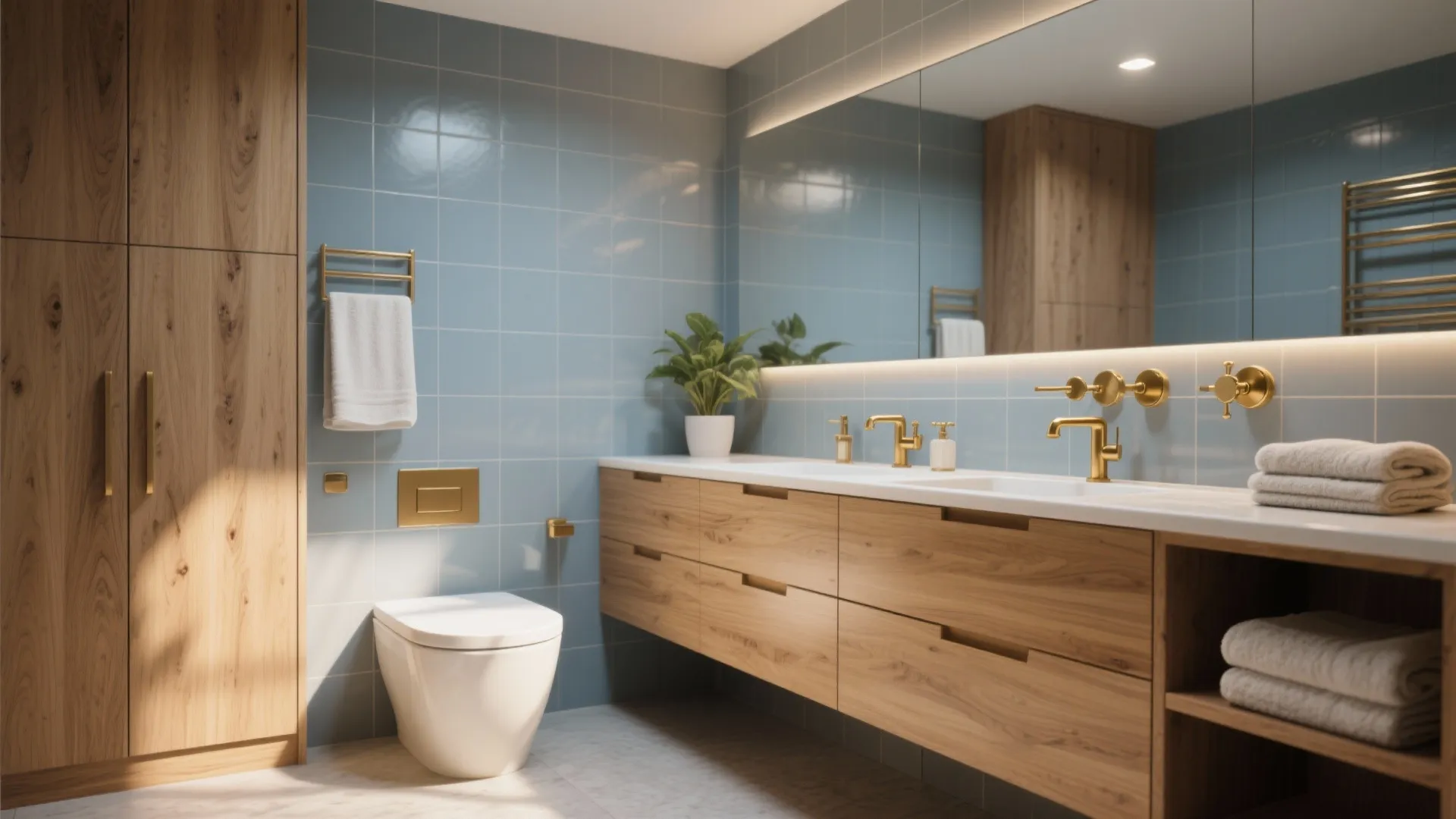 Modern bathroom with blue wall tiles wooden cabinet gold light fixture and white toilet design