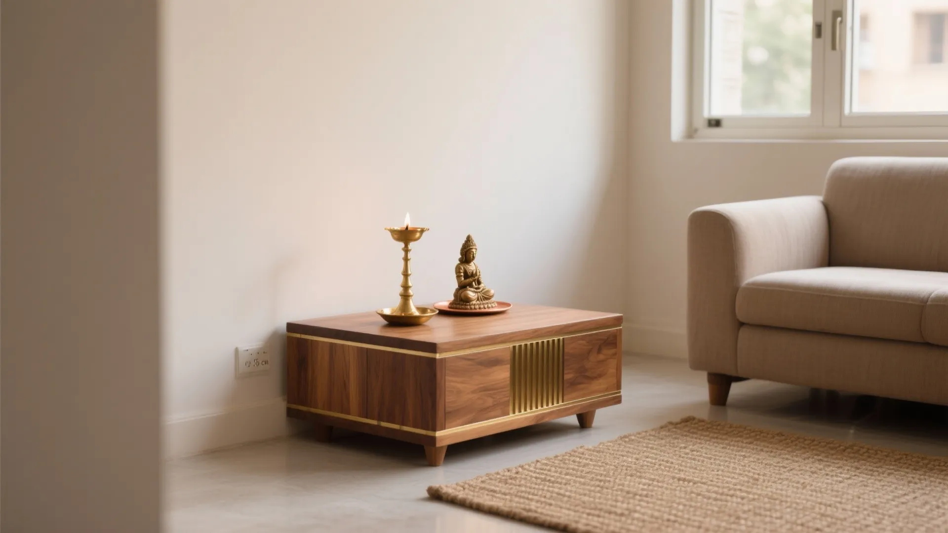 Minimal teak pooja chowki with brass inlay beside a bright window in a small living room.
