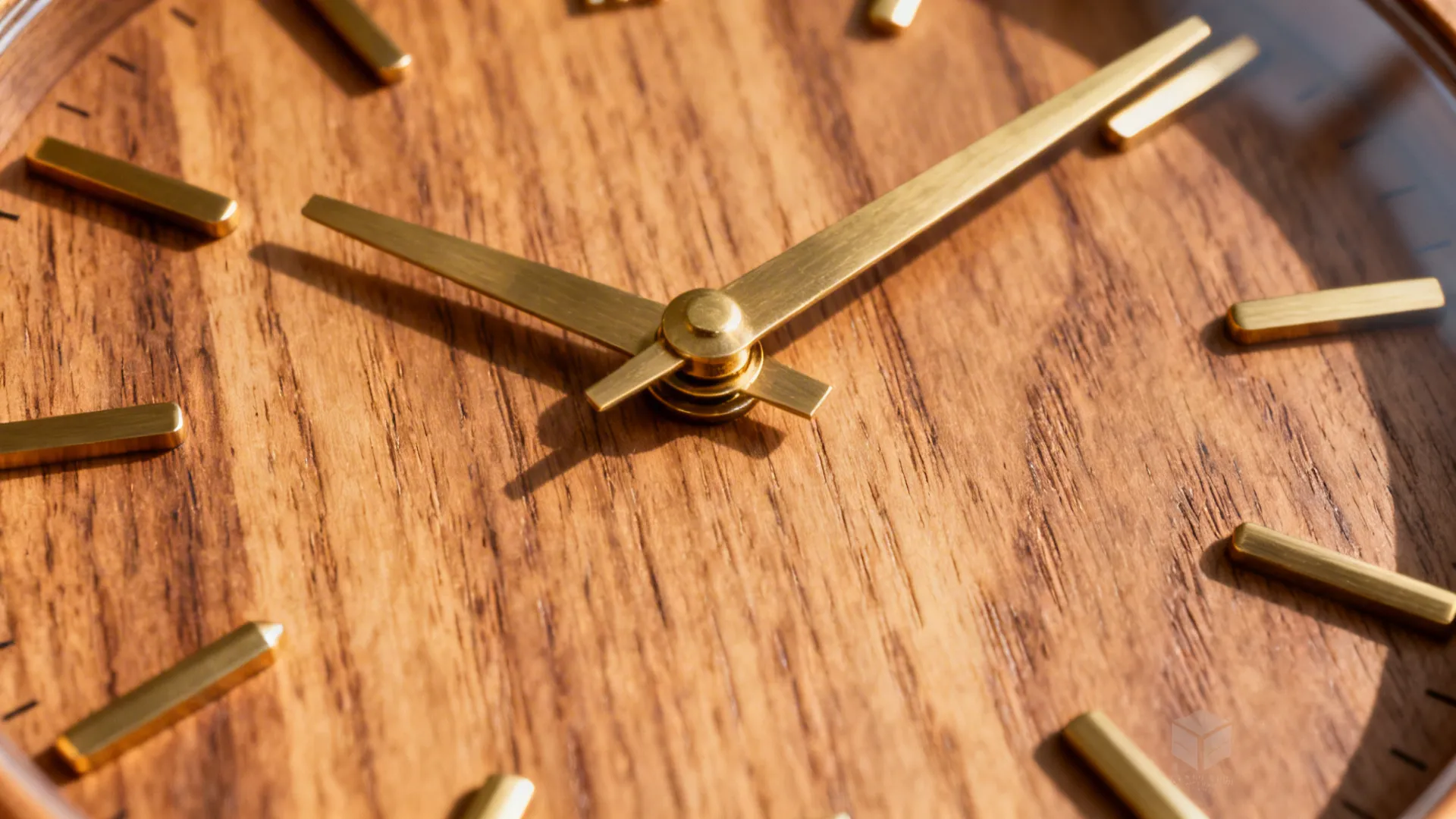 Wall clock with a warm wood face and brushed brass details creating contemporary warmth