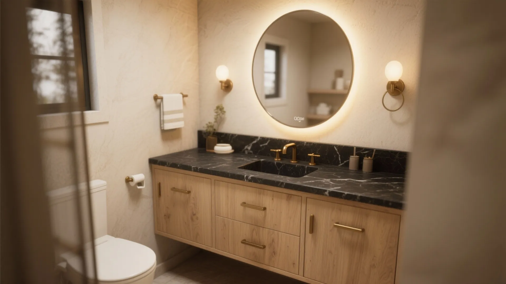 2. Contrast with Light Wood and Matte Brass