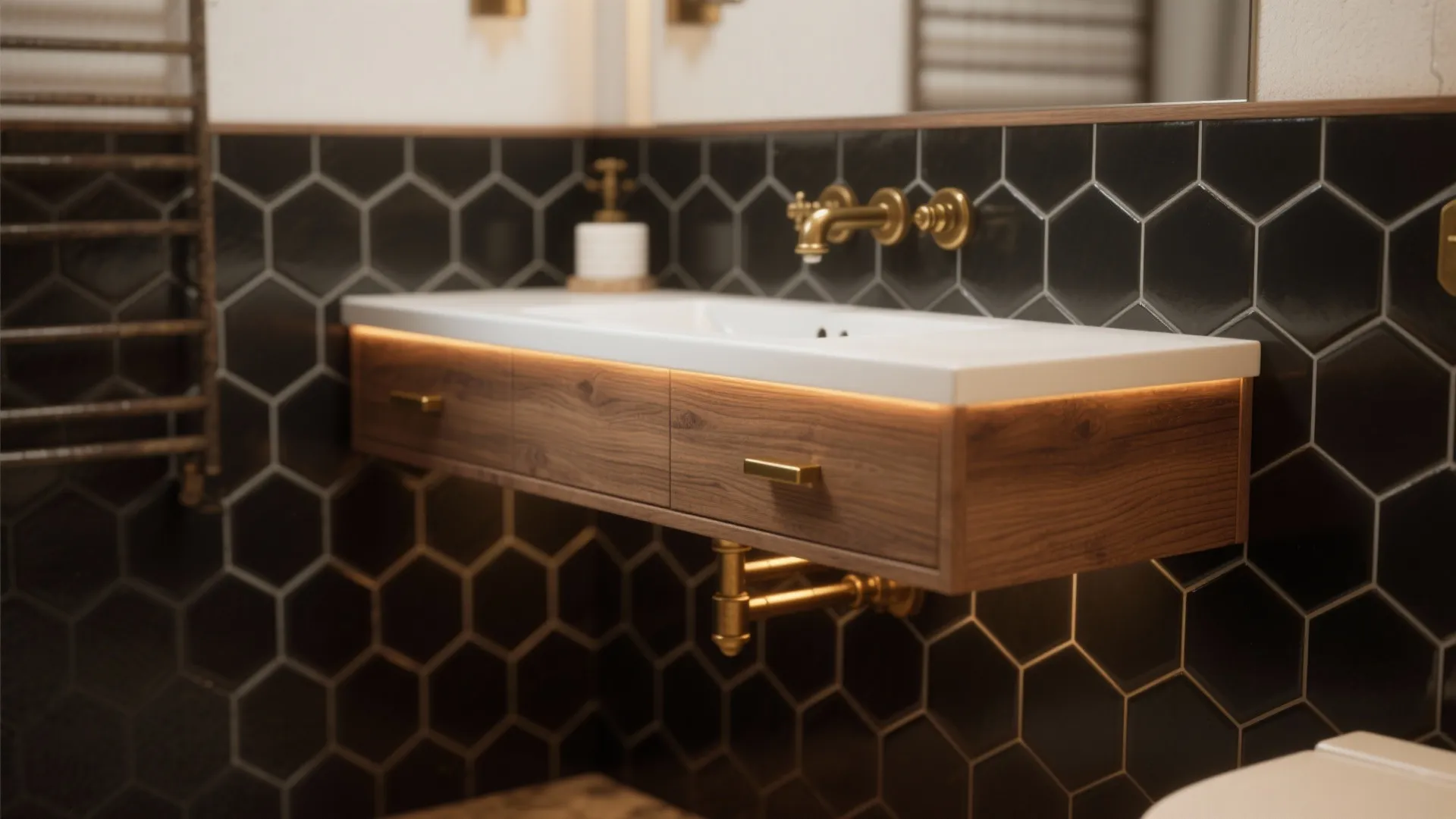 Wooden floating bathroom cabinet with brass hardware against black hexagon wall tiles and warm lighting