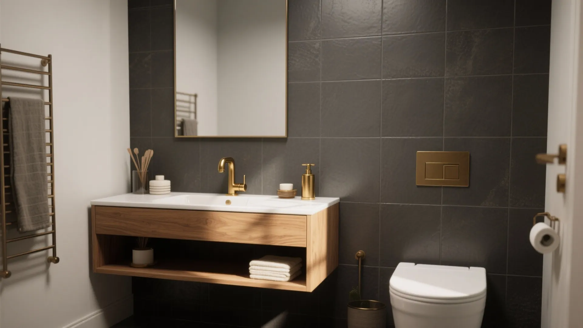 4. Pair dark grey tiles with warm wood and brass accents