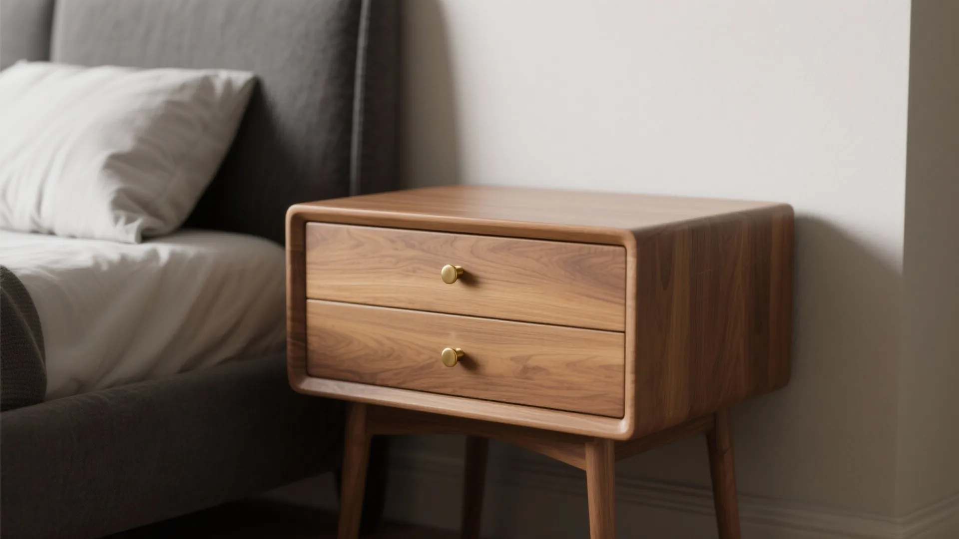 Close up of a wooden nightstand with gold handles next to a grey fabric bed