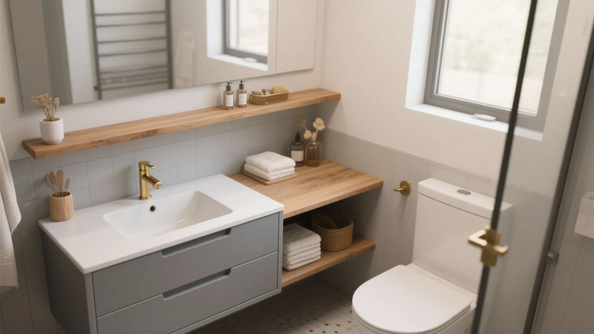 Modern bathroom with grey cabinet wood shelves gold water tap white toilet and large wall mirror