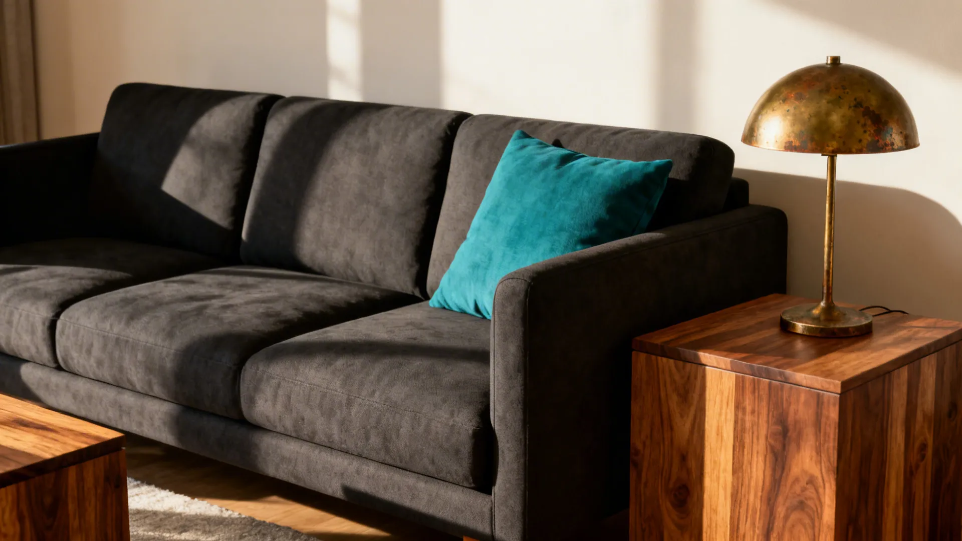 Dark grey sofa with teal pillow next to wooden side table and brass table light
