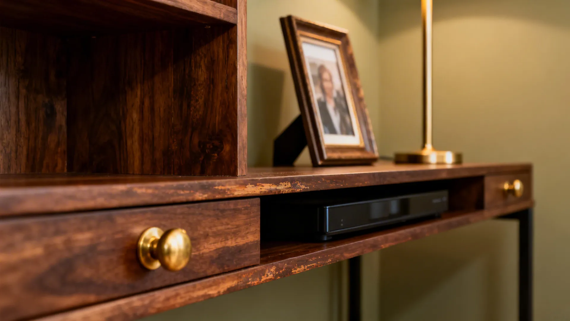 Dark wood console with warm brass hardware and framed art adding richness to a sage and beige palette.