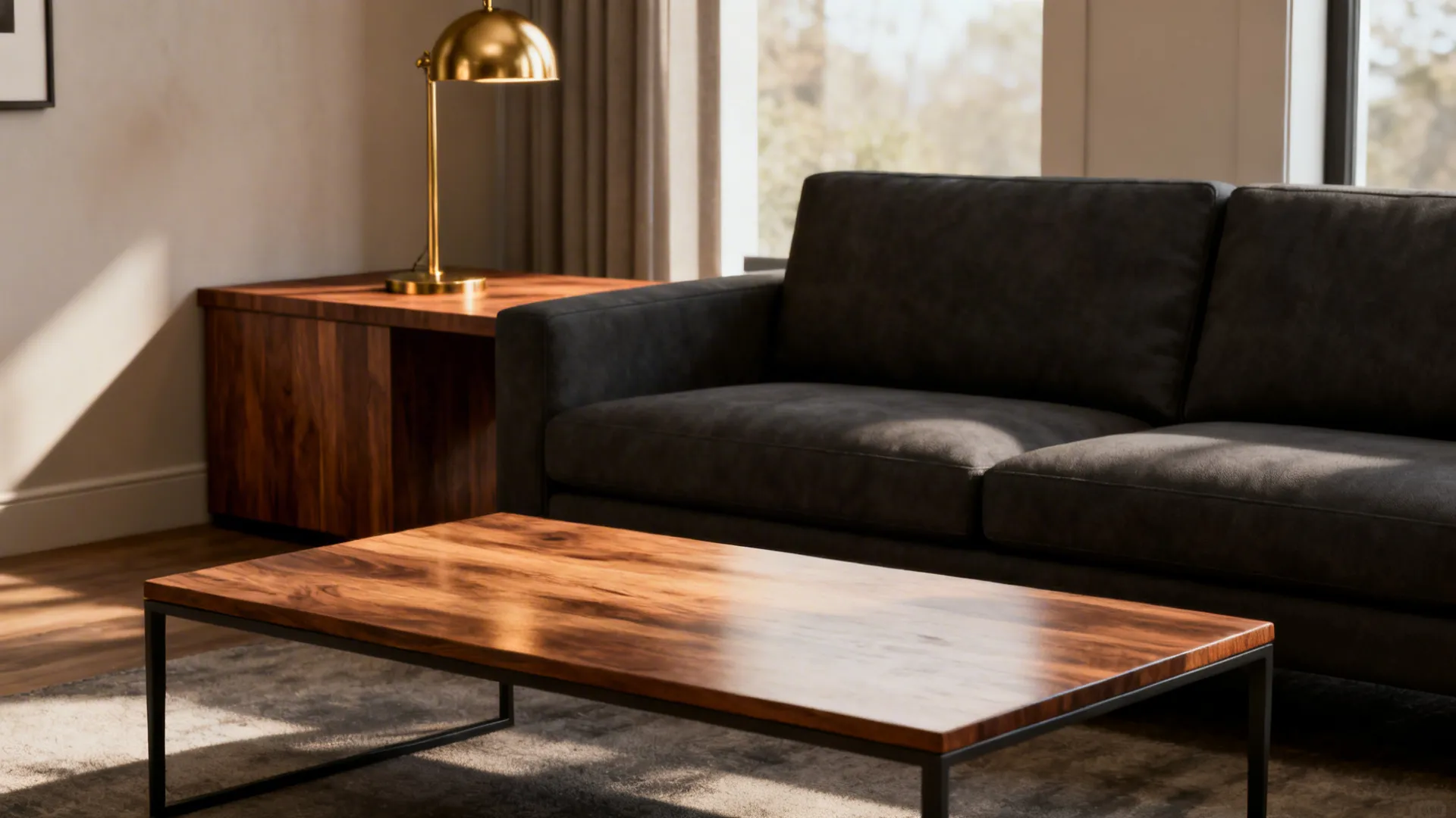 1. Layer with warm wood and brass accents