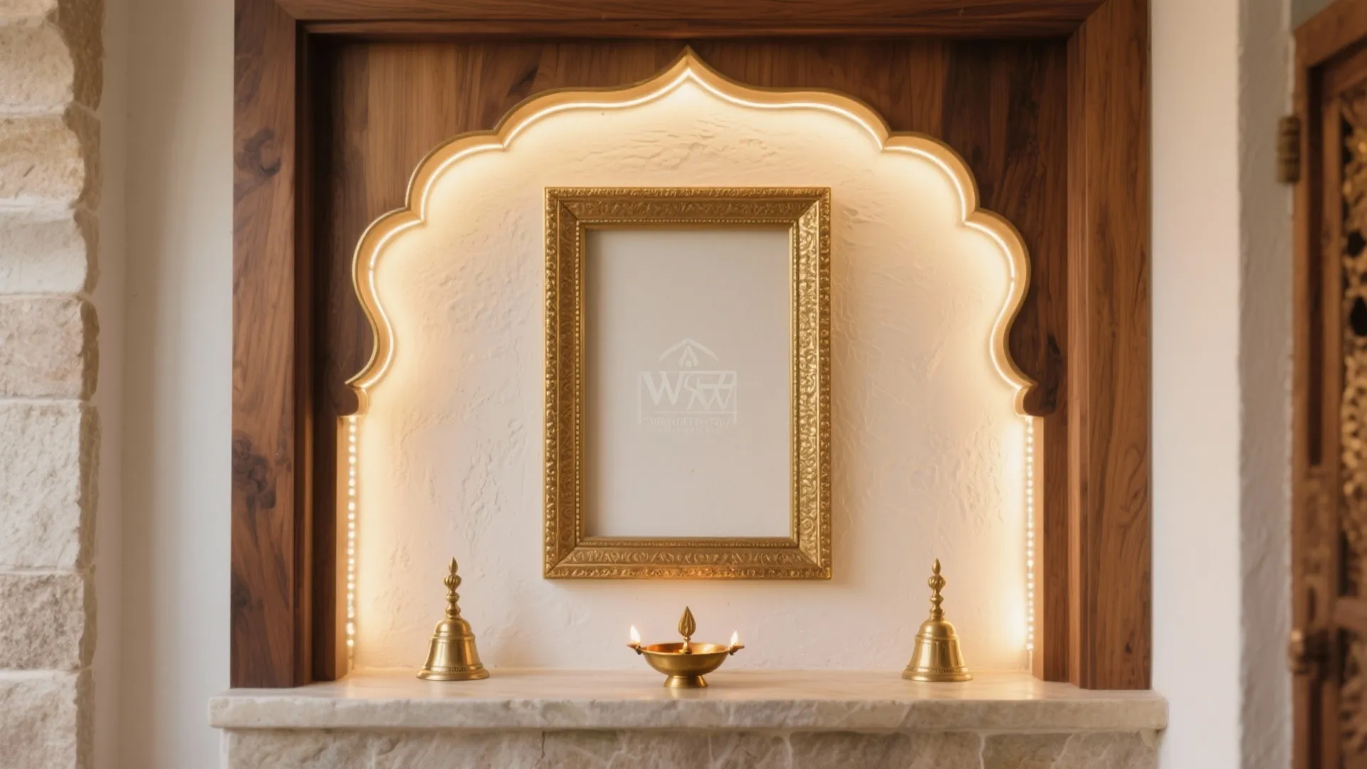 Refined Wood-and-Brass Frame With Gentle Crown Lighting