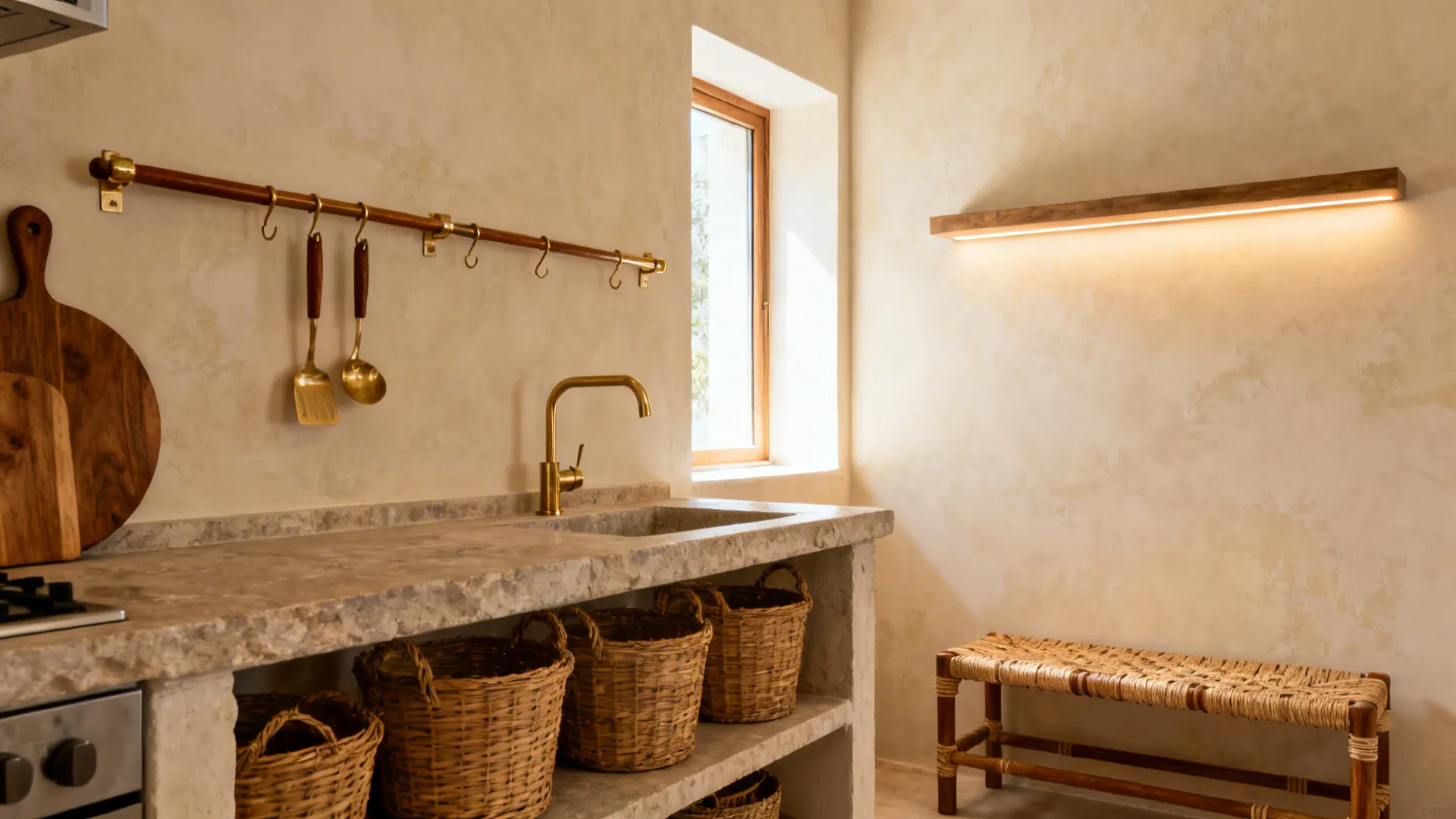 Teak and brass accents with a woven bench and soft daylight bouncing from a light shelf.