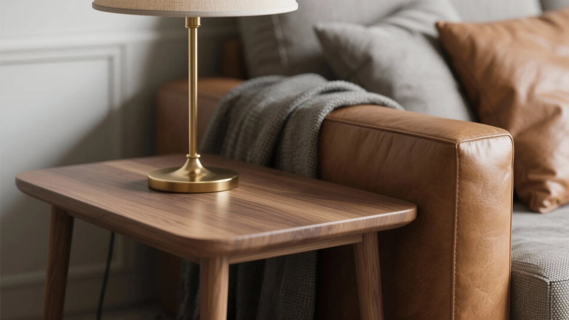 Close-up of oak table edge, brass lamp base and camel leather detail