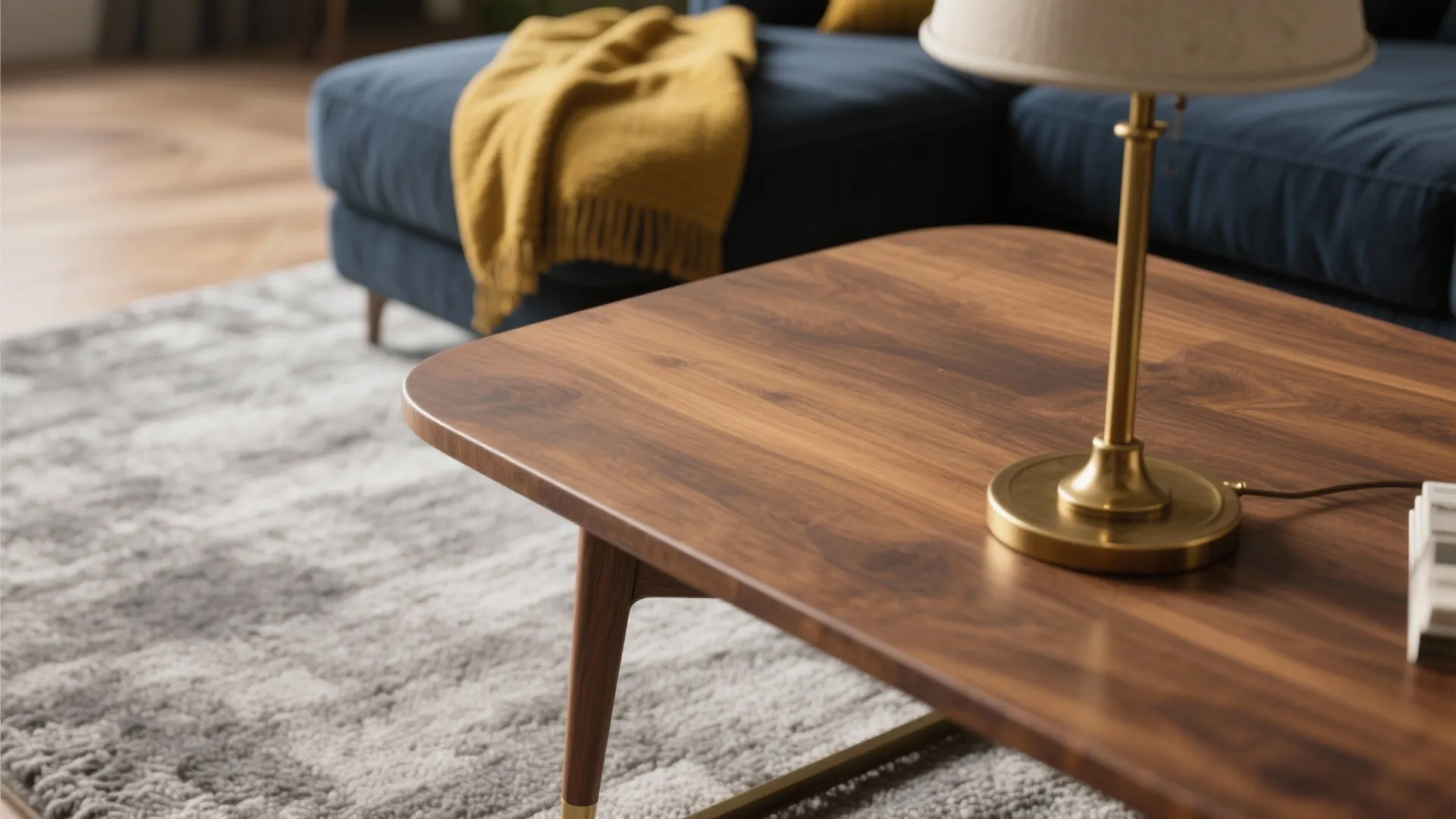 Wood coffee table edge with brass lamp next to grey rug and navy cushion with yellow throw.