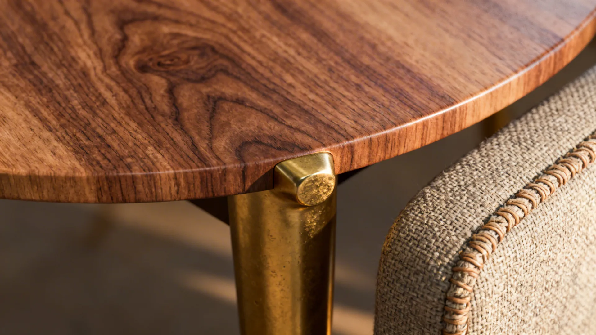 Close-up of walnut grain and brass table leg with textured upholstery in mid-century style.