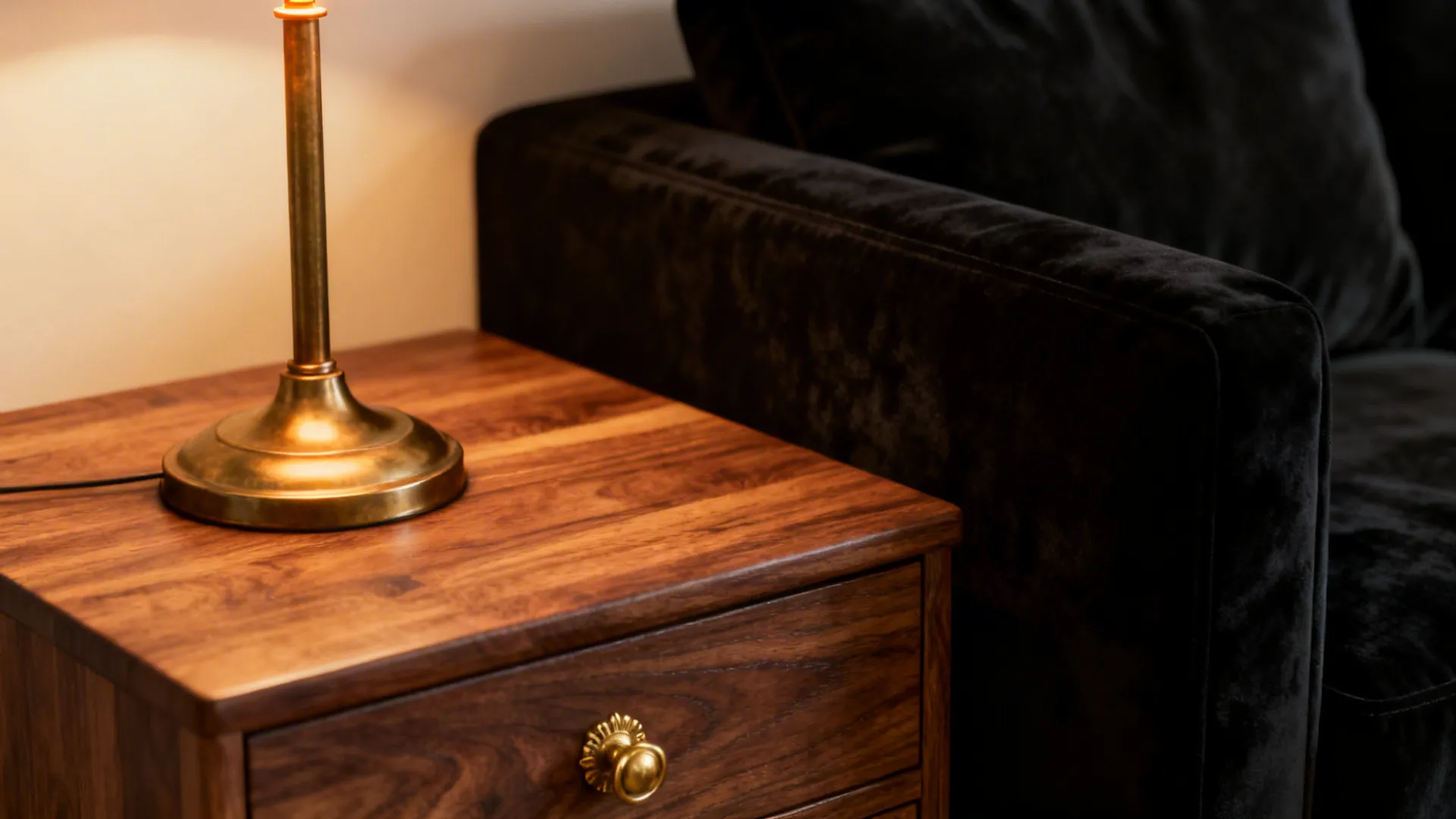 Close-up of mid-tone wood side table and brass lamp beside a black sofa showing texture and warmth.