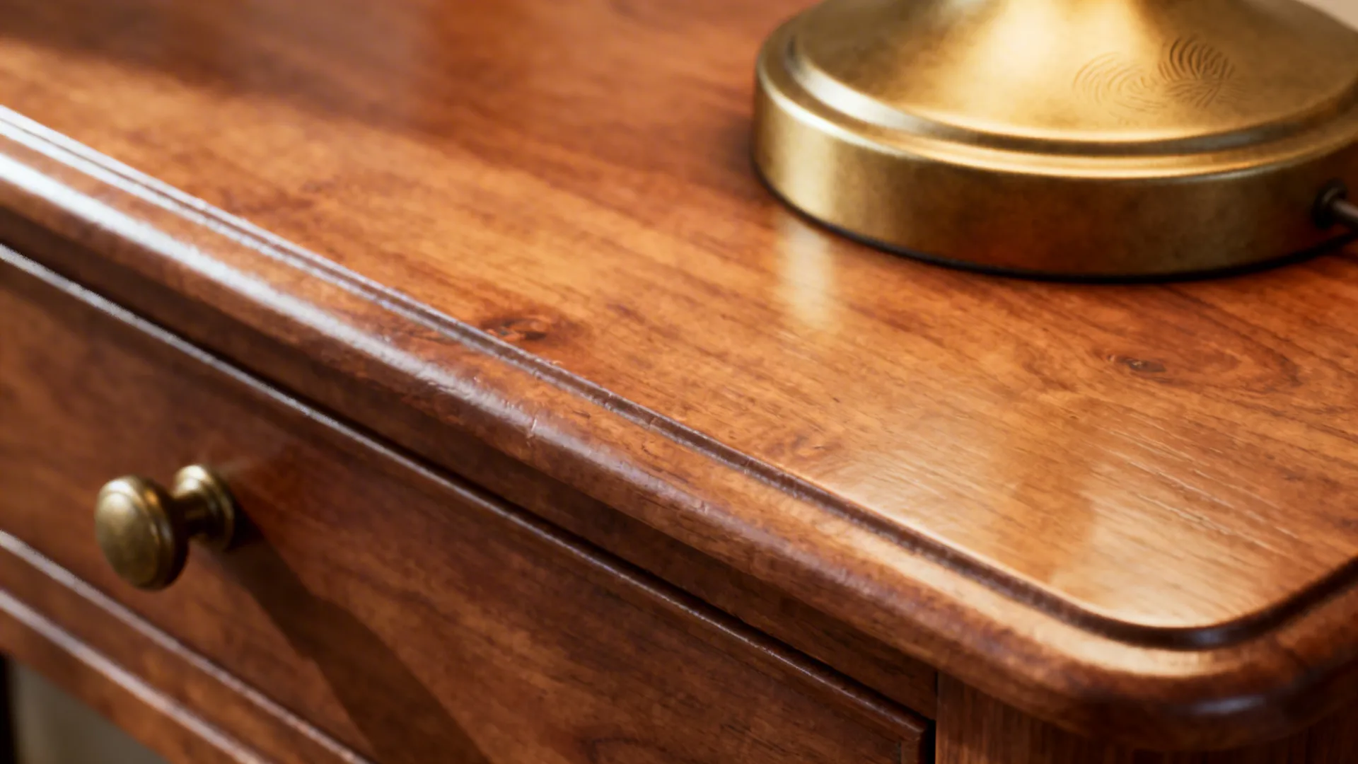 Macro detail of warm wood grain and brass hardware in olive and beige interior.