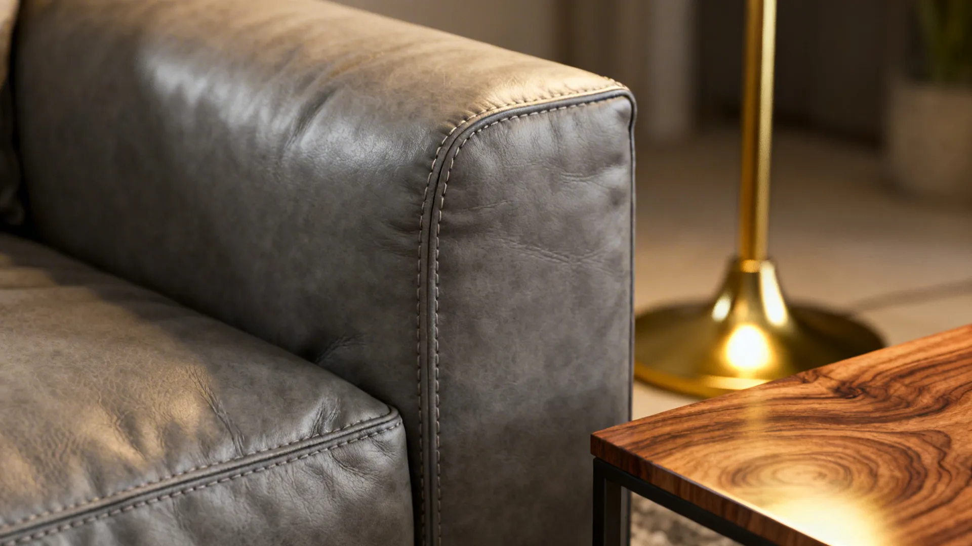 Close-up of grey leather sofa with walnut table edge and brass lamp
