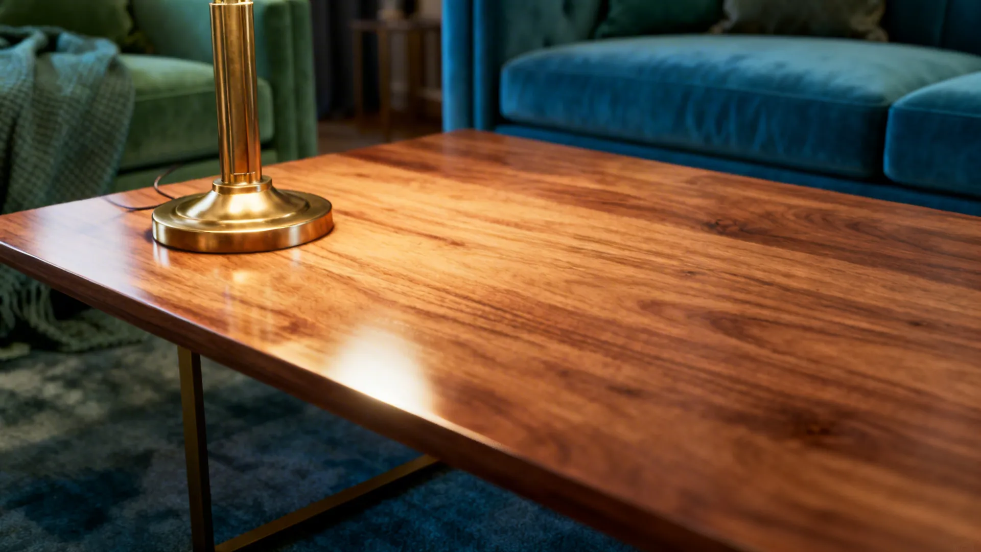Mid-tone oak coffee table and polished brass lamp details complementing blue-green decor.